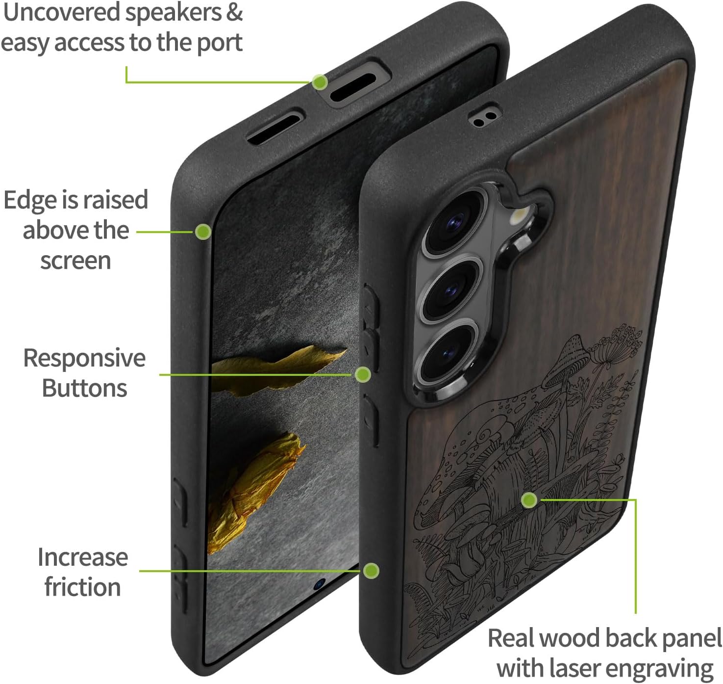 Carveit Magnetic Wooden Case for Samsung Galaxy S26 Case 2026, TPU Shockproof Cover & Wood Artisan Engraved, Compatible with MagSafe Wireless Chargers (Vintage Mushrooms) Blackwood