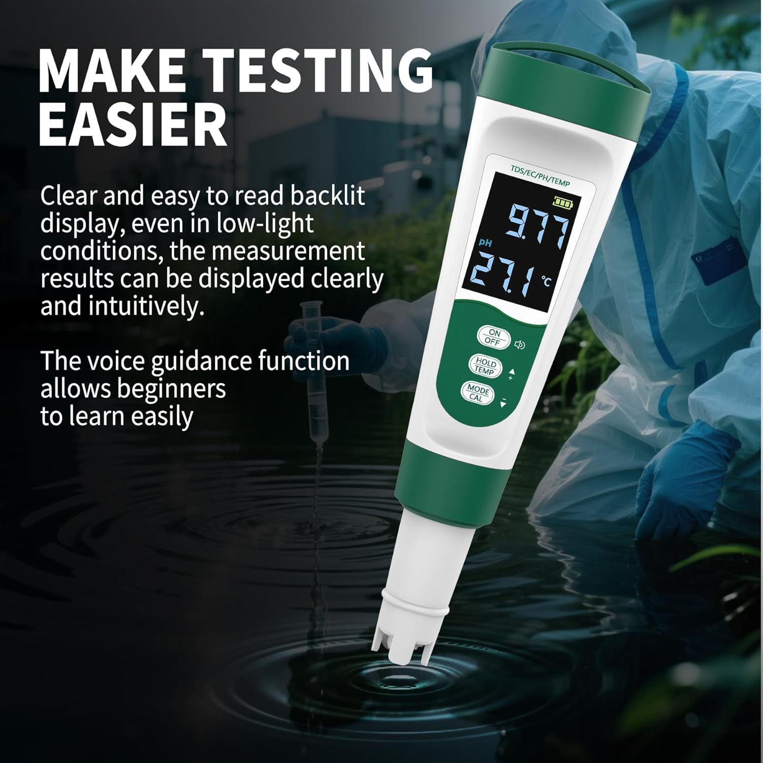 5-in-1 Digital PH Meter, with Voice Function, PH/TDS/EC/Temp/Salt Pool Salt Tester, Waterproof & Rechargeable Pen Meter for Swimming Pools, Fish Tank, Aquariums & Hydroponics