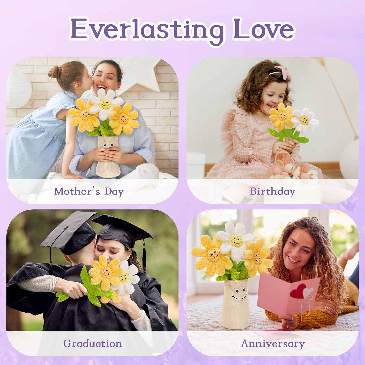 Tezituor 3Pcs Flower Plush with Soft Vase, 14'' Daisy Stuffed Animal Fabric Bouquet Gift for Girls Girlfriend Wife Daughter Women Valentine's Day Graduation Mother's Day Christmas