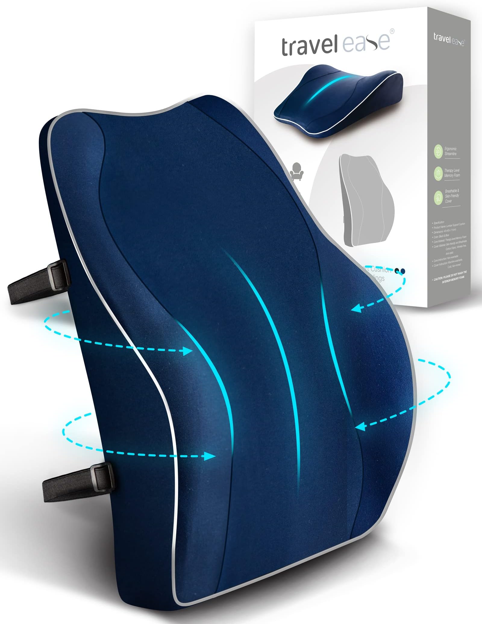 Lumbar Support Cushion Ergonomic TRAVEL EASE Memory Foam Comfort Back Support Cushion for Office Chair with Skin-friendly Cover (Dark Blue)