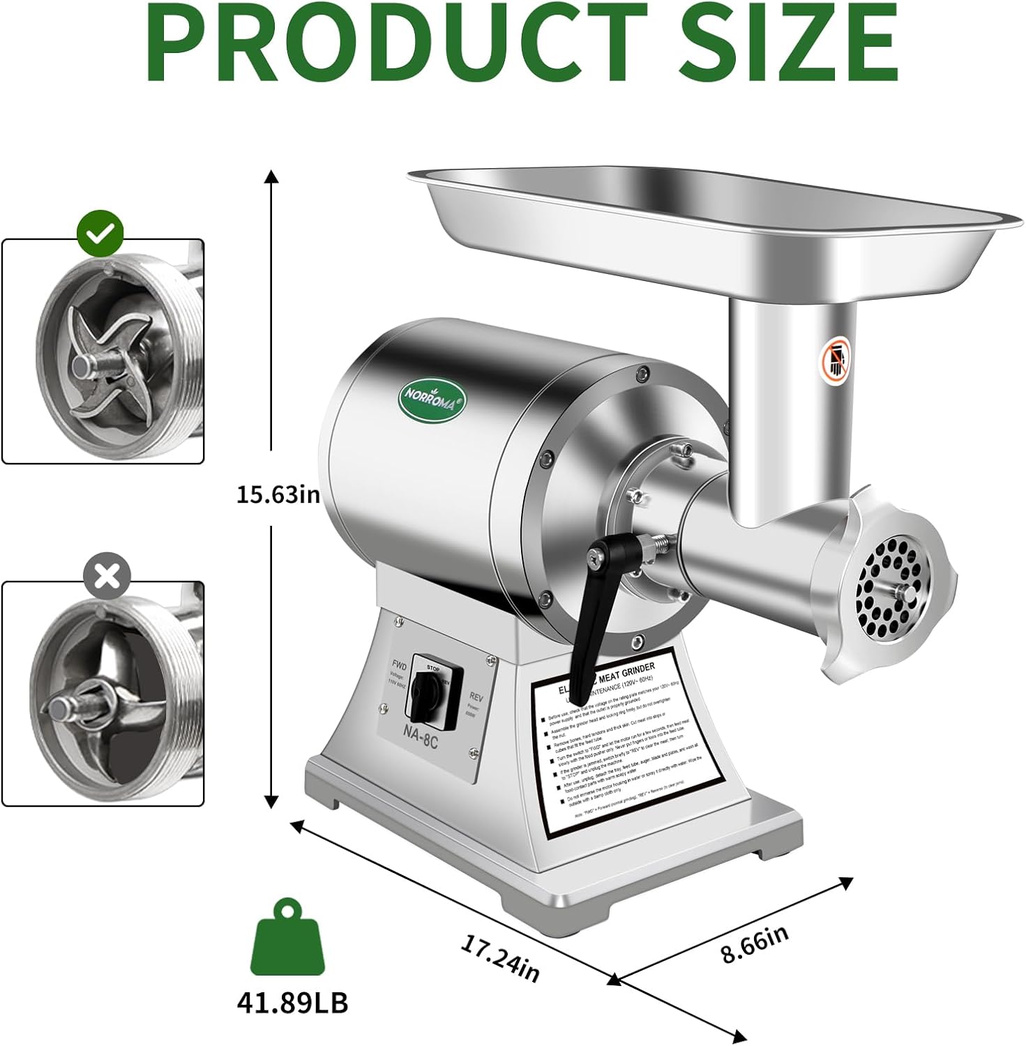 Commercial Meat Grinder Heavy Duty, 0.6HP Electric Meat Grinders Deer Mincer Stainless Steel for Home Use Deer #8C with 3 Sausage Stuffer Tubes 2 Grinding Plates 2 Blades 1 Pusher