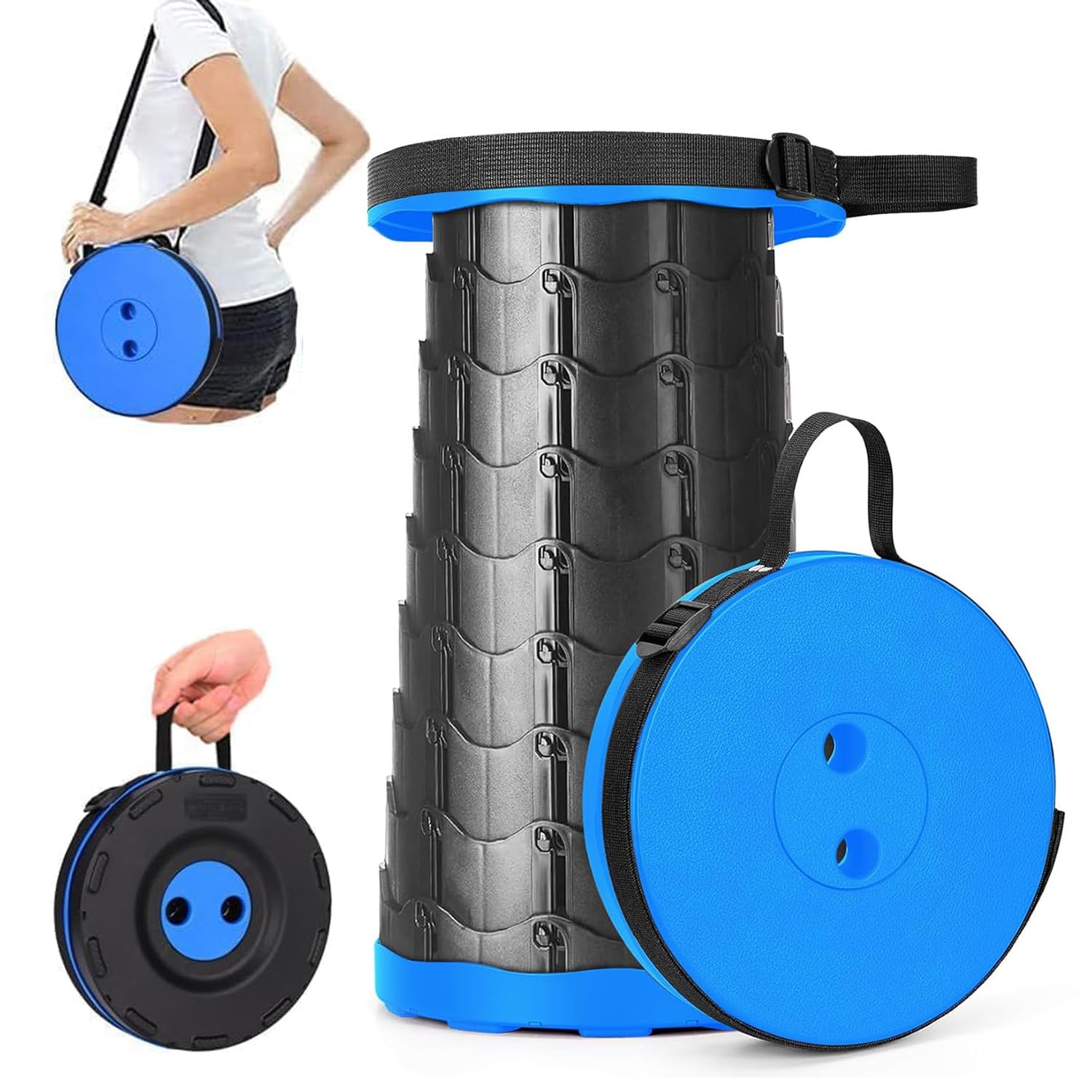 hzfengsheng Portable Folding Stool, Telescopic Stool for Camping Fishing Hiking Travel Garden BBQ Outdoor Indoors, Lightweight Adjustable Plastic Retractable Collapsible Stools Max Load 220lbs (Blue)
