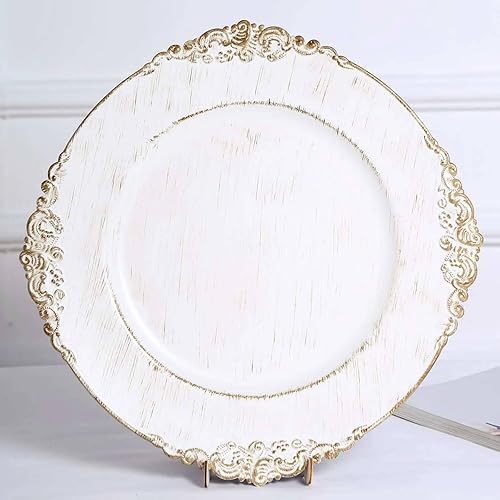 Efavormart - Paquete de 6 platos de carga barrocos redondos de 13 pulgadas color blanco con borde dorado antiguo para decoración de mesa, catering y