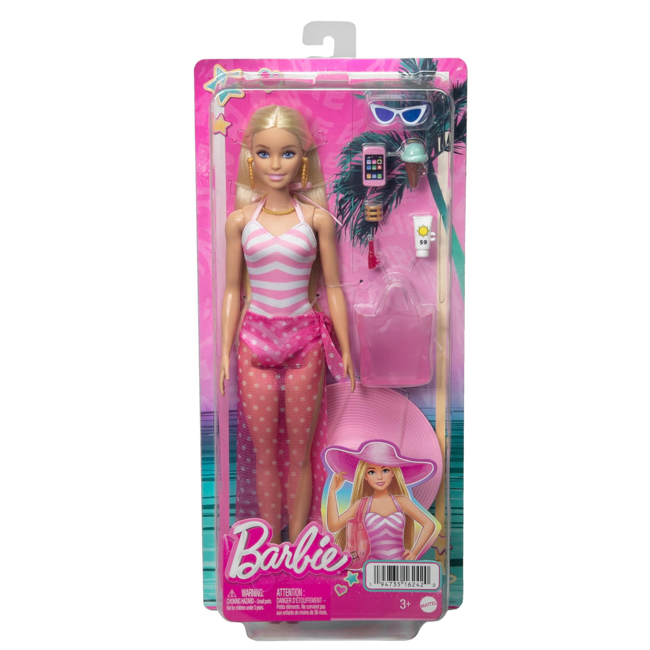 Barbie Muñeca Rubia con Traje de baño Rosa y Blanco, Sombrero, Bolso y Accesorios de Playa +3 años, HPL73
