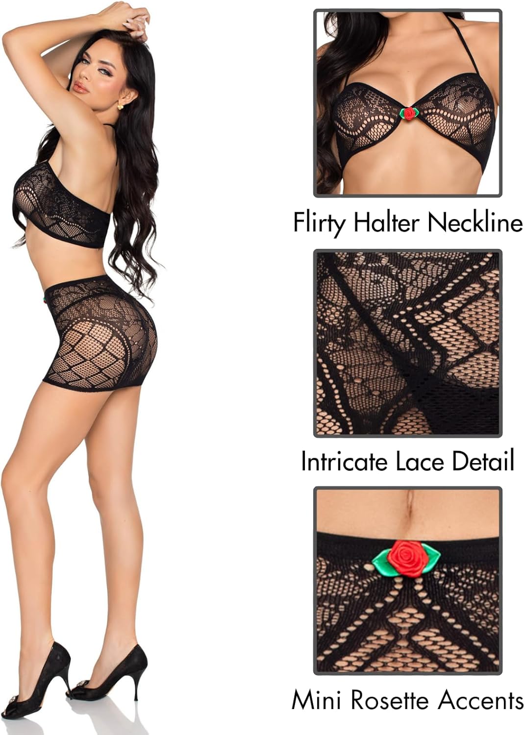 Leg Avenue Women's 2 PC Lace Lingerie Sexy Bra Top and Mini Lingerie Skirt with Rosette Accents, Black, One Size - Image 3