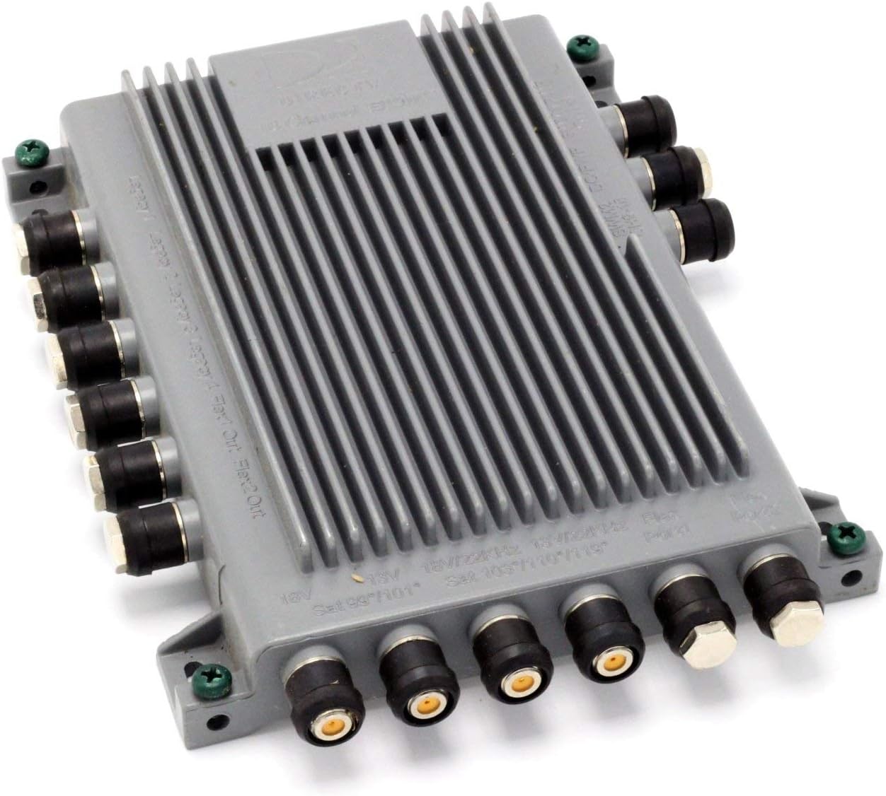Англед view of the DIRECTV SWM16 Multi-Switch, showing the various coaxial input and output ports on the sides and bottom.