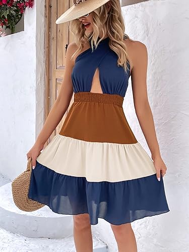 Miniatura 6 de SweatyRocks Vestido cruzado halter cruzado para mujer, con bloques de color, sin mangas, dobladillo con volantes, vestidos cortos