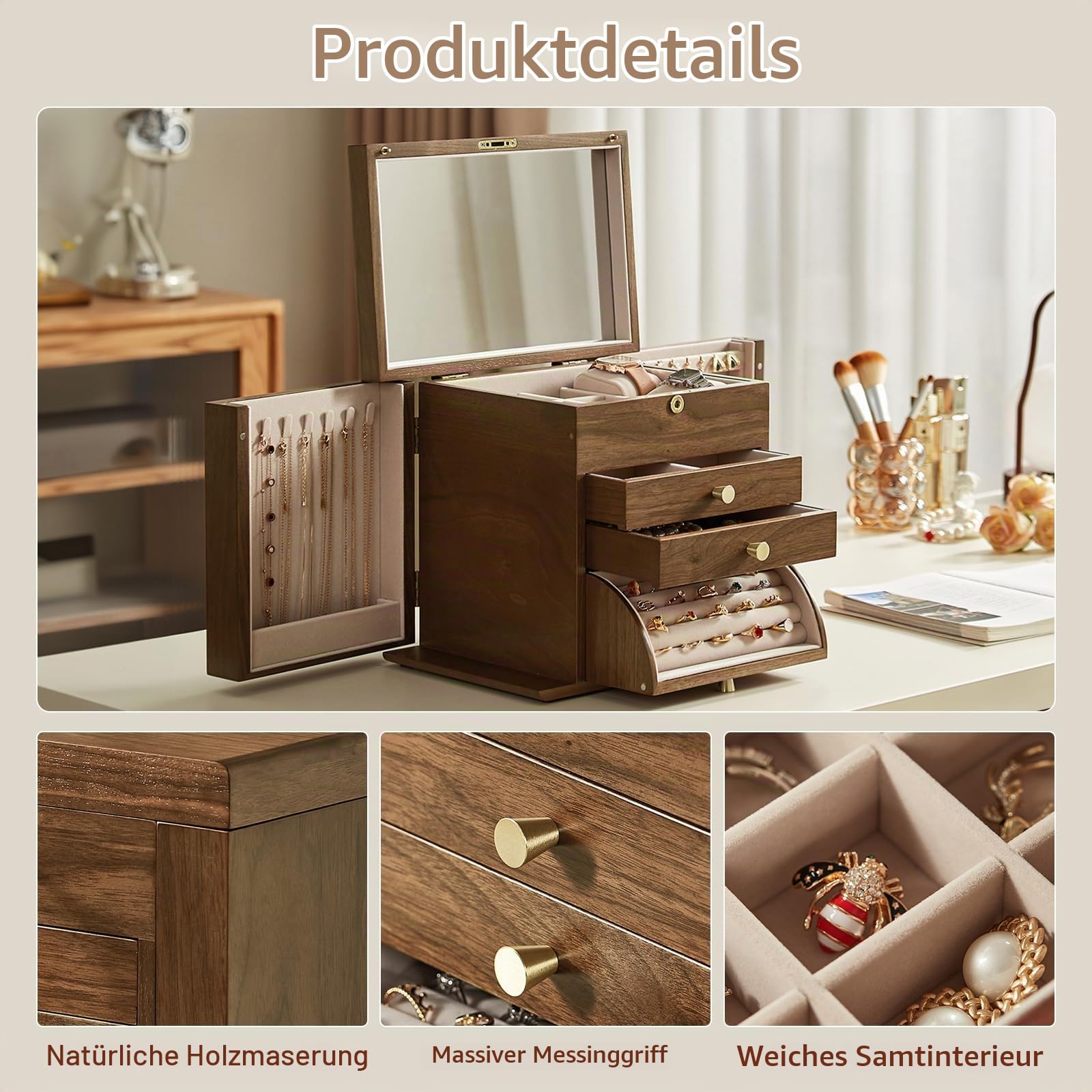 Vintage Schmuckkästchen aus Holz 4 Ebenen Schmuckaufbewahrung Schmuckkasten Groß Schmuckschatulle Massivholz 3 Schubladen Schmuckbox mit Spiegel für Damen Schmuck Ringe Ketten Armbänder