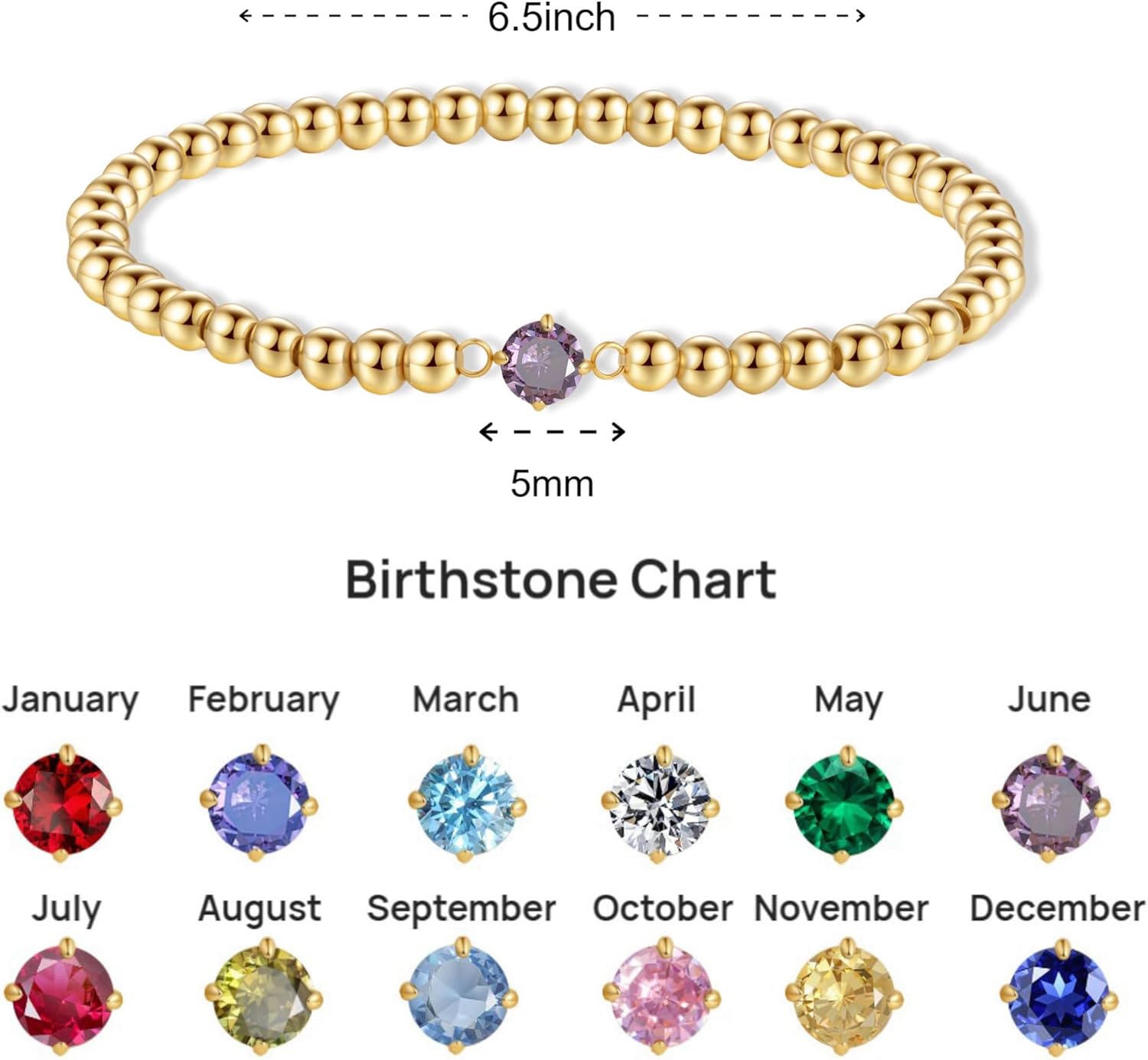Gold Bracelets for Women - 14K Gold Plated Dainty Elastic Birthstone Bracelets for Women Gold Jewelry Bead Bracelet Gifts Christmas Stuff for Teen Women Friendship Bracelet - Image 5