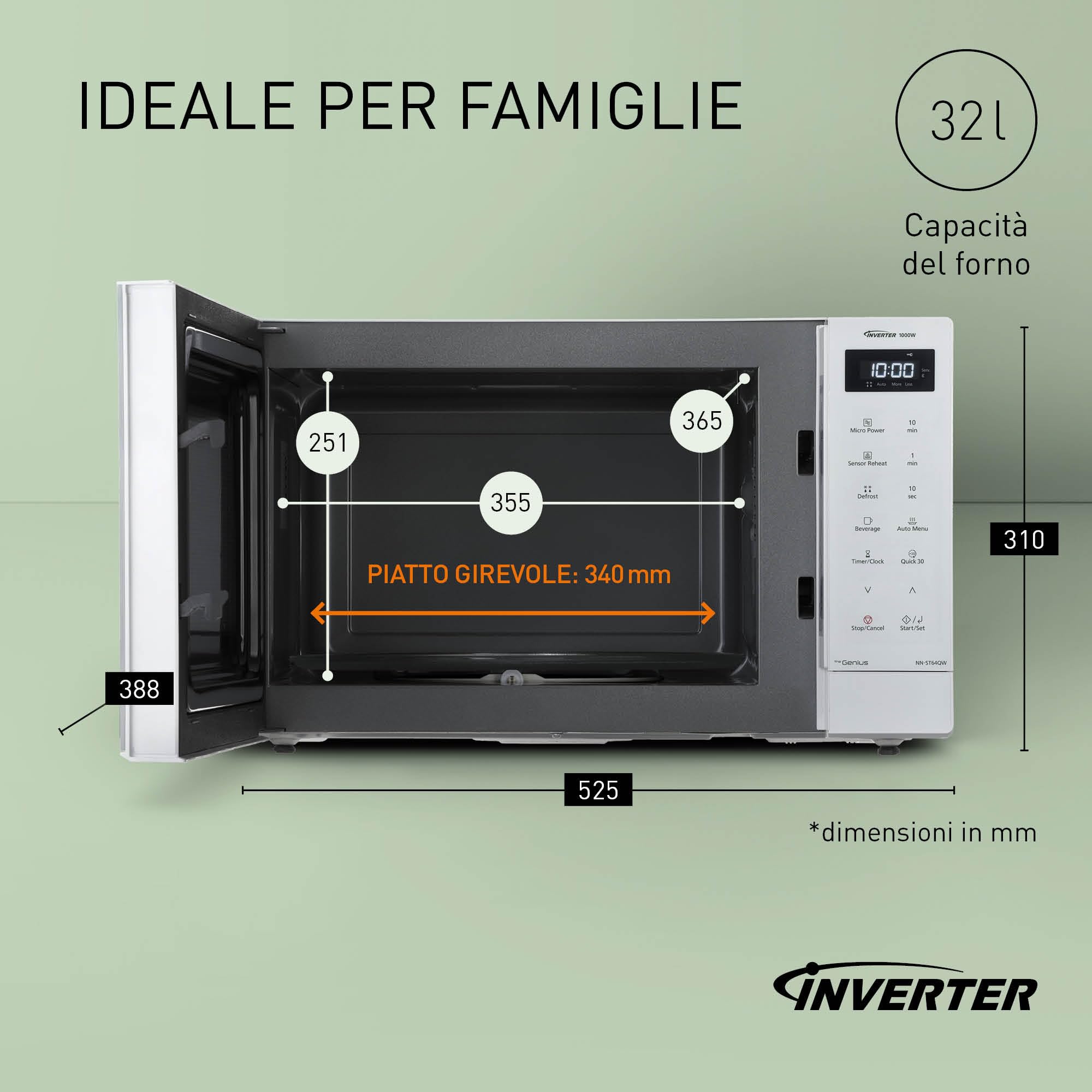 Panasonic NN-ST64QWEPG Microonde Solo Inverter 32L, 1000 Watt Potenza, 20 programmi automatici, Funzione Quick 30, Controllo Touch, Cottura Uniforme e Scongelamento, Bianco