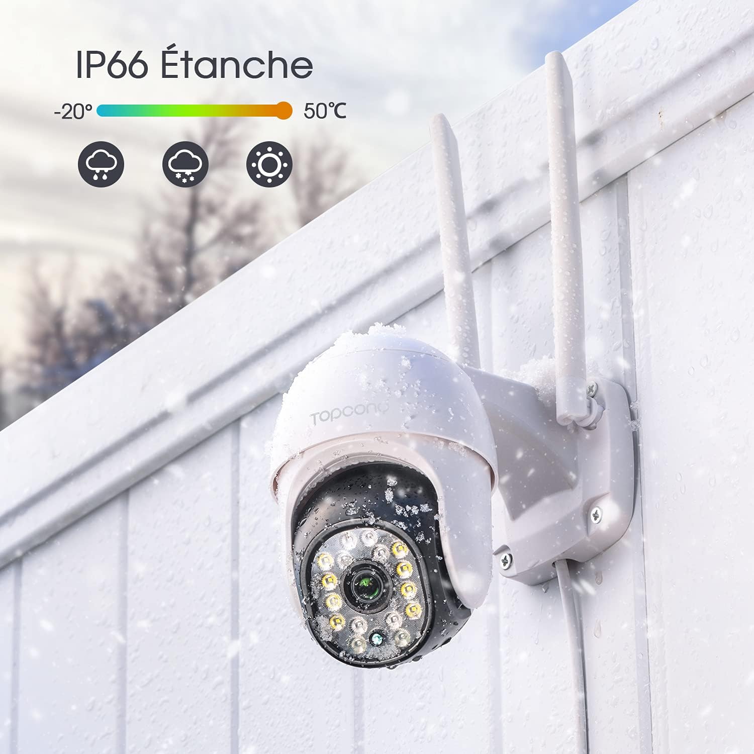 Topcony TY10 camera mounted outdoors in snowy conditions, demonstrating its IP66 waterproof rating.