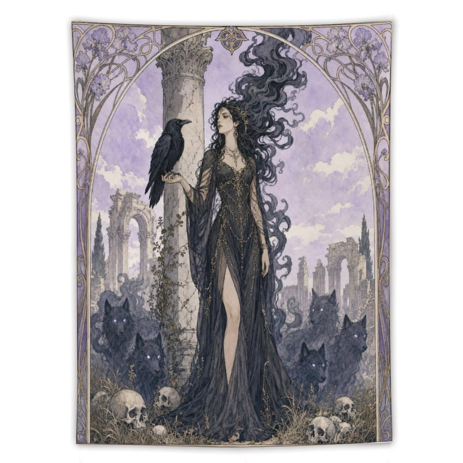 W7C8U2X3 Raven Witch in Graveyard Wall Tapestry, Fantasy Illustration Style