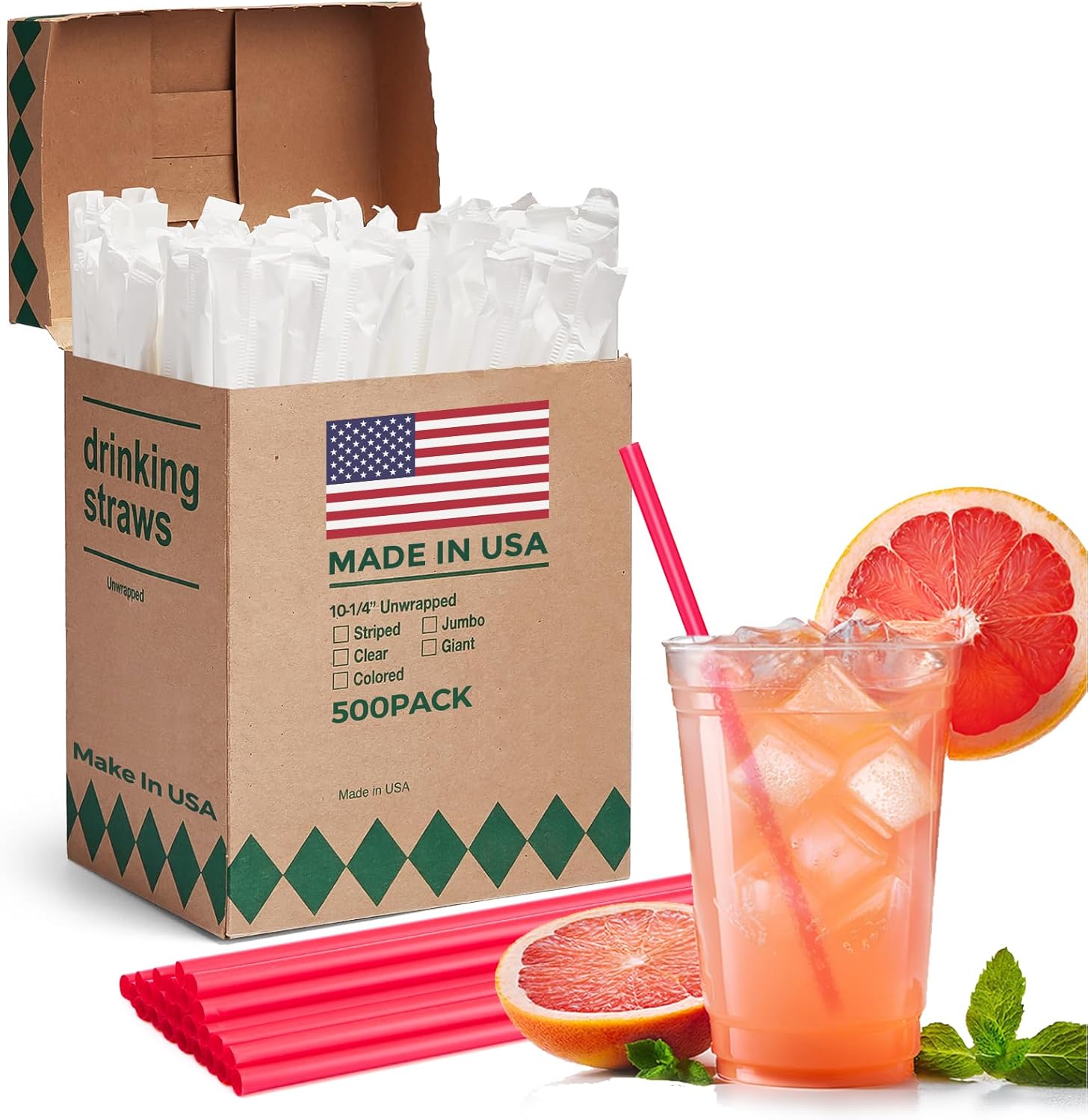 Glotoch Express 500 PCS Individually Wrapped Red Plastic Straws, 10.25'' Long, 0.24'' Diameter Disposable Drinking Straws for Every Occasion, Party, Made in USA 500 Ct 10.25 In (Red)