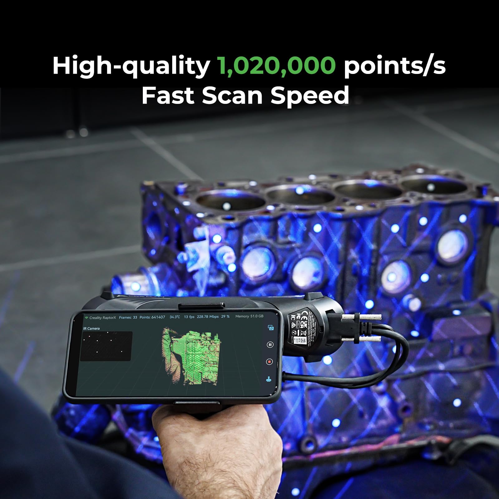 Creality 3D-Scanner Raptor X für den 3D-Druck, 60 fps, 34 Cross Blue Laser & NIR WiFi 6, Handheld-Scanner für Verbraucher, 0,02 mm Genauigkeit, 24-Bit-Schnellscannen in Vollfarbe für Windows und macOS