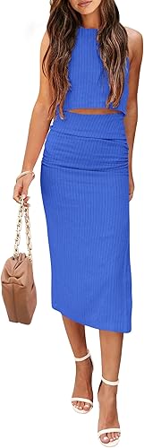 PRETTYGARDEN Conjunto de 2 piezas de verano para mujer, cuello redondo, sin mangas, con abertura, falda midi