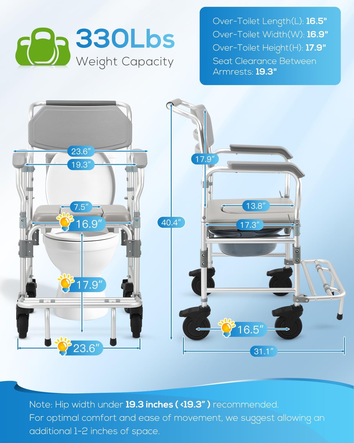 Shower Chair with 5" Enlarged Wheels, 330lbs Heavy Duty Bedside Commode Wheelchair, Folding Arms & Footrests, Lockable Casters, Sponge Padded Seat & Safety Straps, for Elderly and Mobility