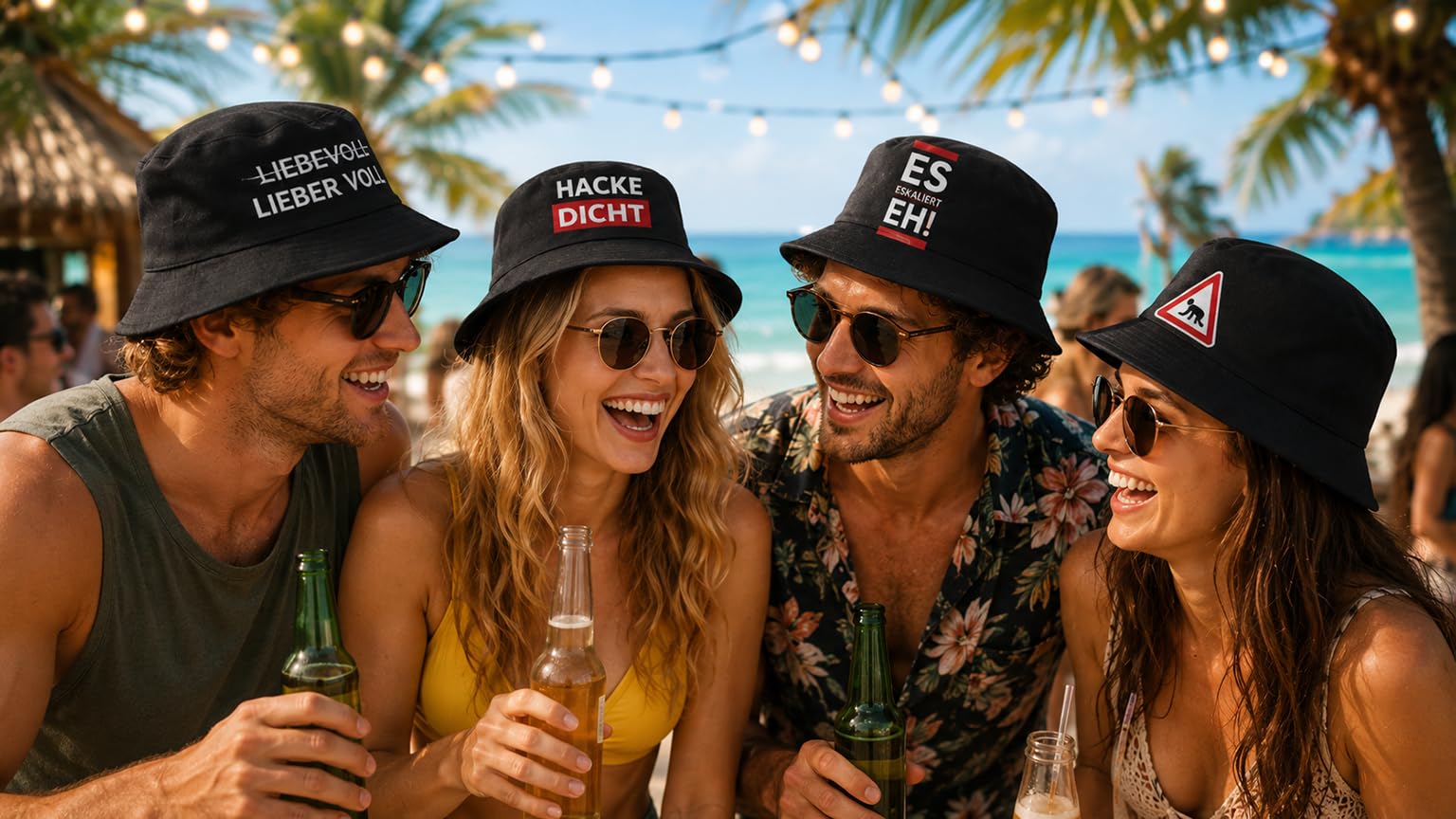 KAMACA 4er Set Fischerhut Partyhut mit Spruch – Bucket Hat – Lustige Partyhüte für Festival, Mallorca Urlaub, JGA, Strand & Sommerparty – Einheitsgröße Unisex