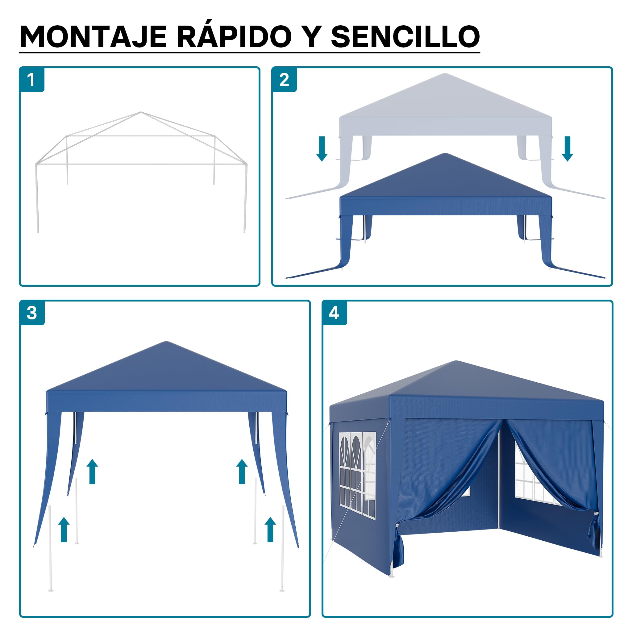 Wiltec Carpa de jardín 3 x 3 m Azul con protección UV 50+, Gazebo con Laterales enrollables, pabellón para Fiestas con Ventanas, Ideal para terrazas y Festivales
