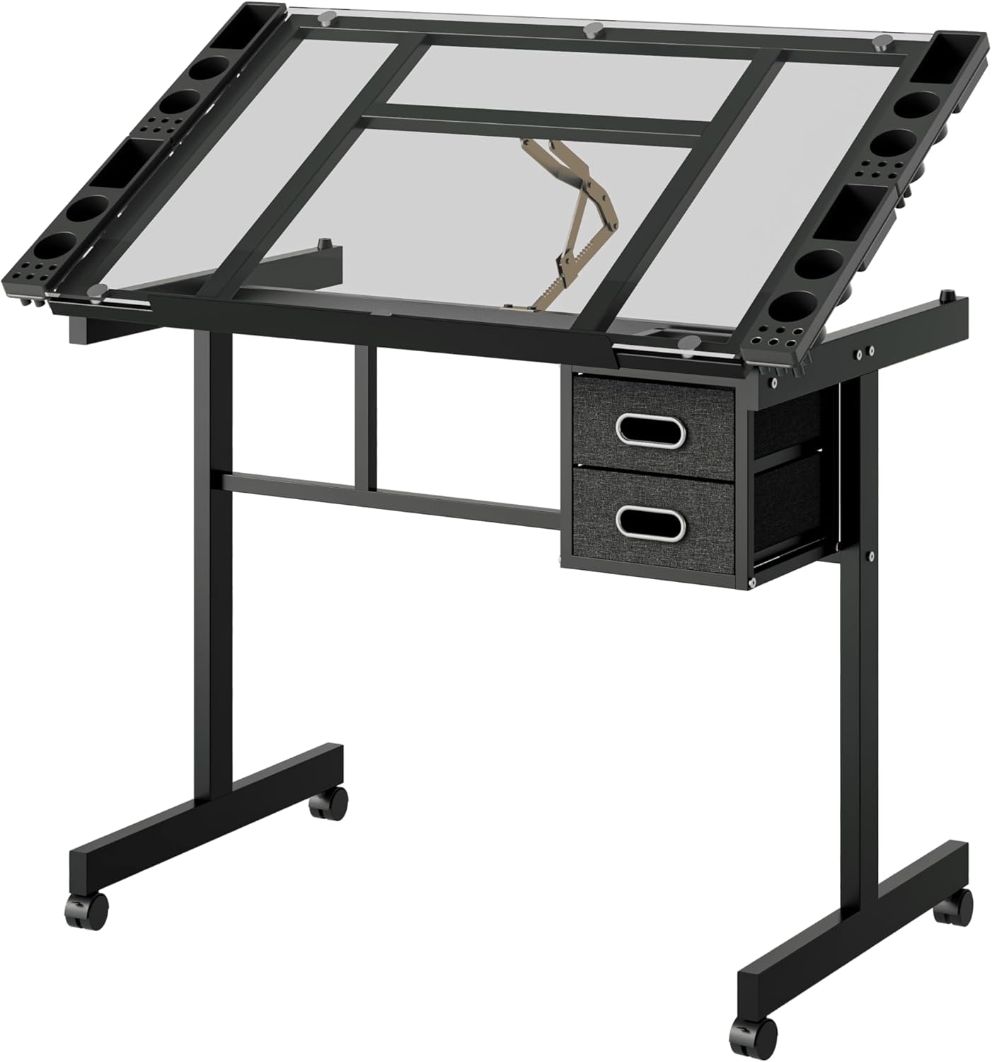 Adjustable Glass Drafting Table, Versatile Art Craft Station with Rolling Wheels & Drawers, Height Adjustable Drawing Desk for Artists, Painters & Home Office Use (White)