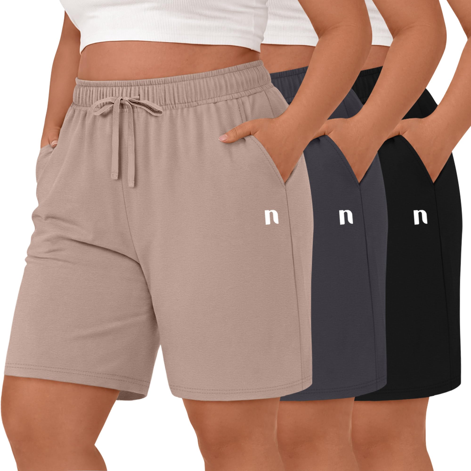 Neer 3 Pack Plus Size Women's Bermuda Shorts Cotton Drawstring High Waisted Casual Athletic Sweatpants Shorts with Pockets