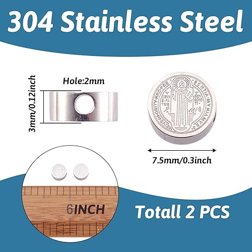Miniatura 2 de Pandahall - 10 cuentas de medalla de San Benito 304 de acero inoxidable plano redondo con cruz espaciadora, abalorios de doble cara para bricolaje,