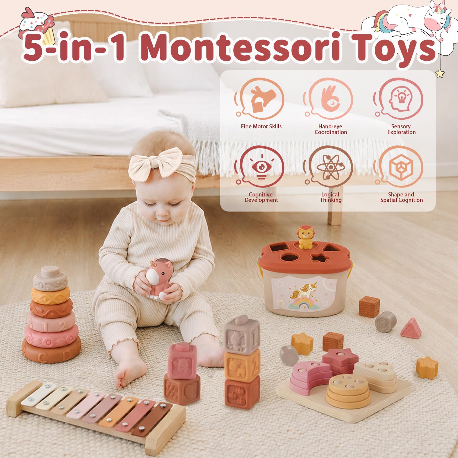 Giochi Montessori 6 Mesi a 1 Anno, 5 in 1 Giochi Neonato 6-9-12 Mesi
