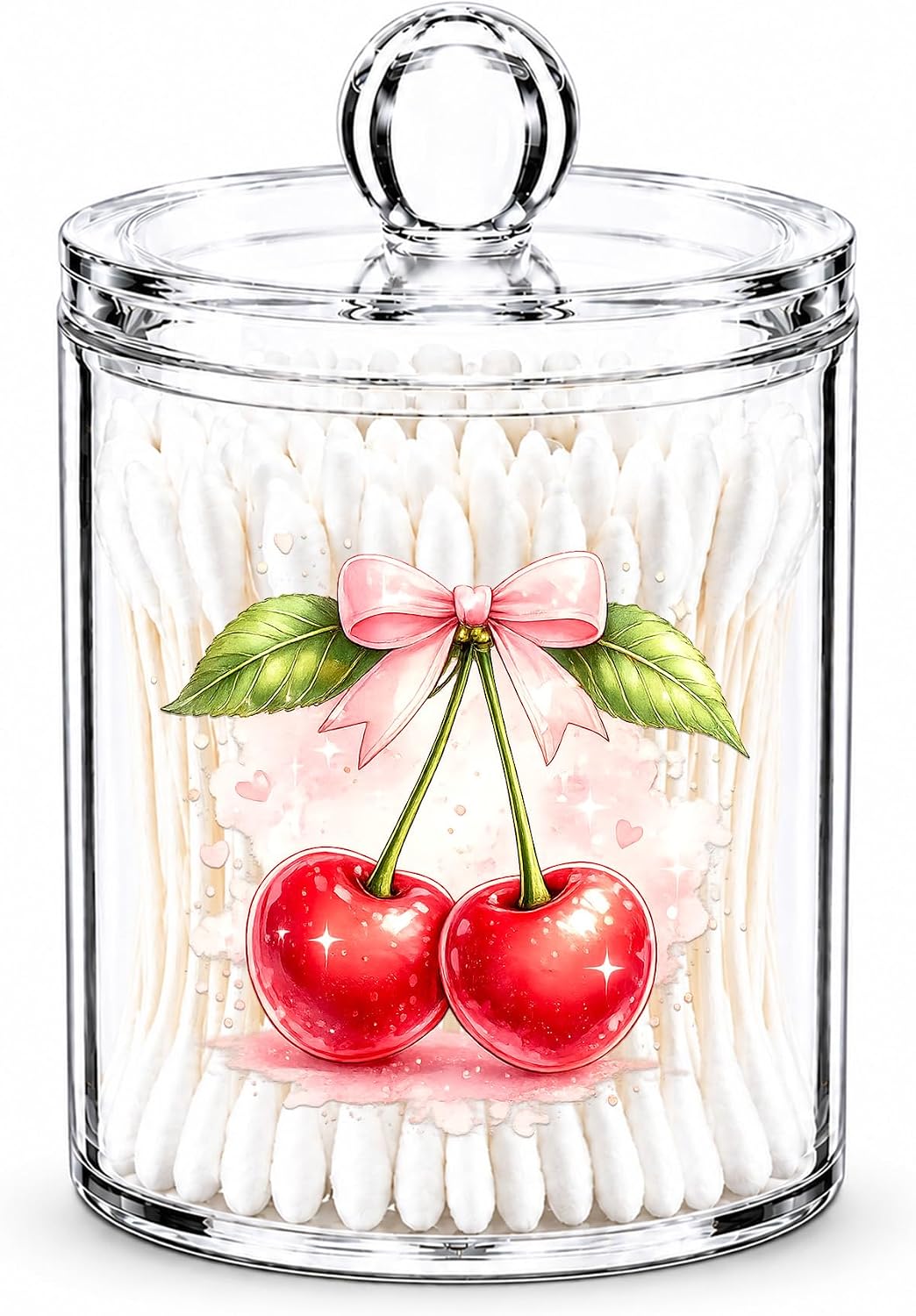 Cherry Cotton Swab Holder with Lid Clear Acrylic Retro Apothecary Jar