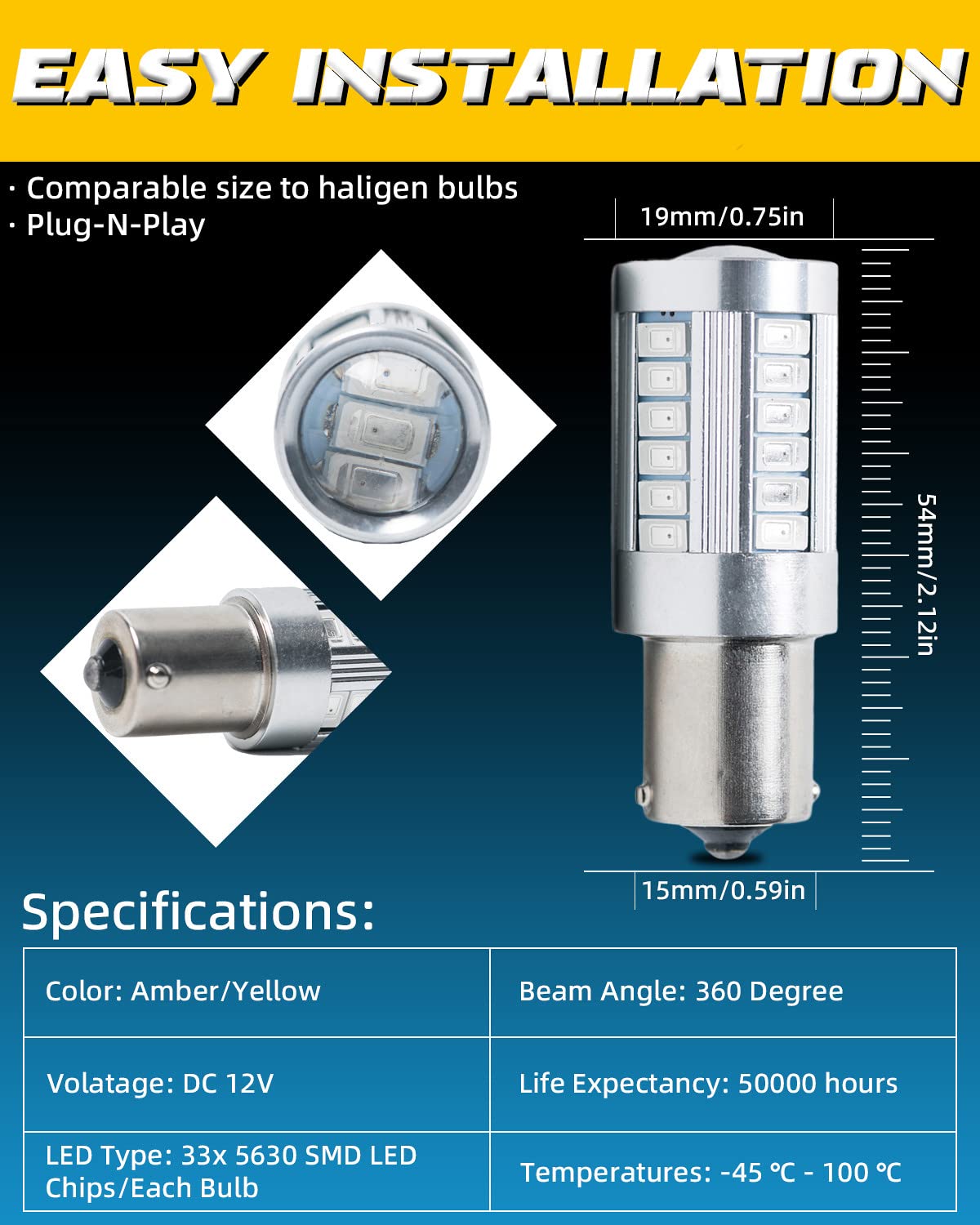 LQQDP 2x 1156/Ba15s Amber/Yellow LED Bulbs For Front Rear Turn Signal/Parking/Side Marker/Daytime Running DC 12V 33x 5630 SMD
