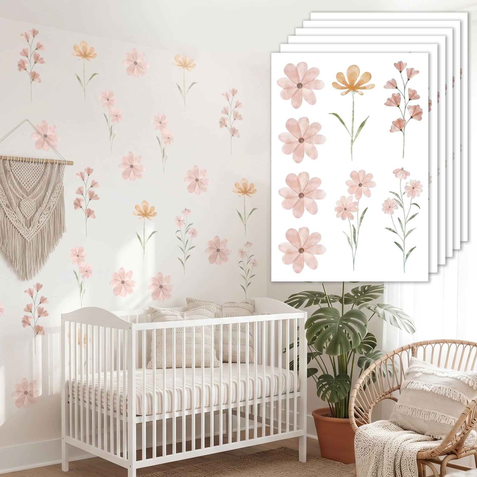 Floruvia 48 Pieces Boho Flower Stickers, Daisy Wall Decoration For Girls' Room, Playroom, And Nursery, Removable Self-adhesive Wall Decor