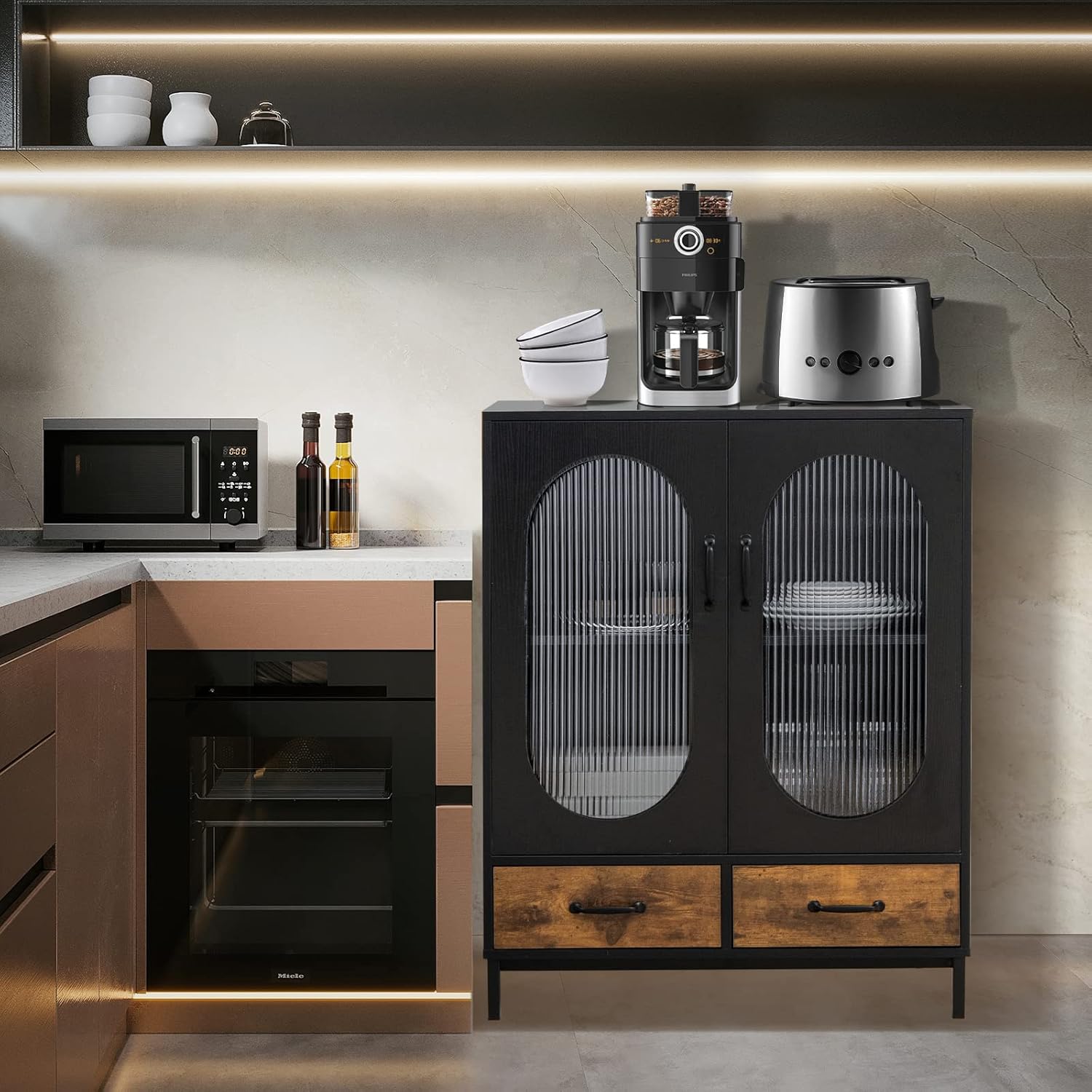 Gertutik views of the storage features of the Giantex Buffet Cabinet GX10514BK-VJ: spacious tabletop, enclosed cabinet with shelf, and deep drawers.