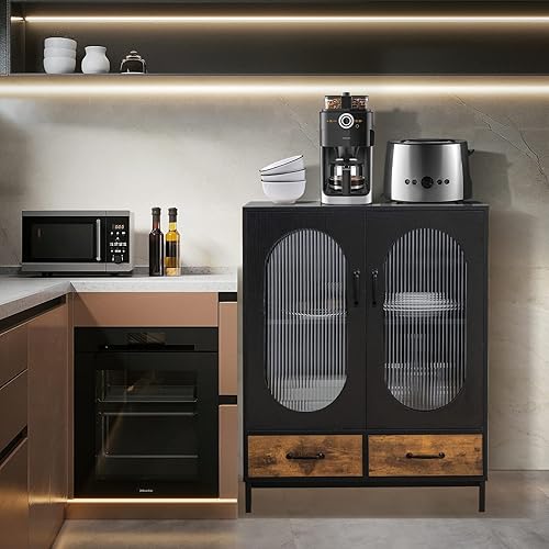 Miniatura 4 de Giantex Armario buffet con 2 cajones, aparador de madera, armario de pie de 2 niveles con puertas de vidrio templado, gabinete de almacenamiento