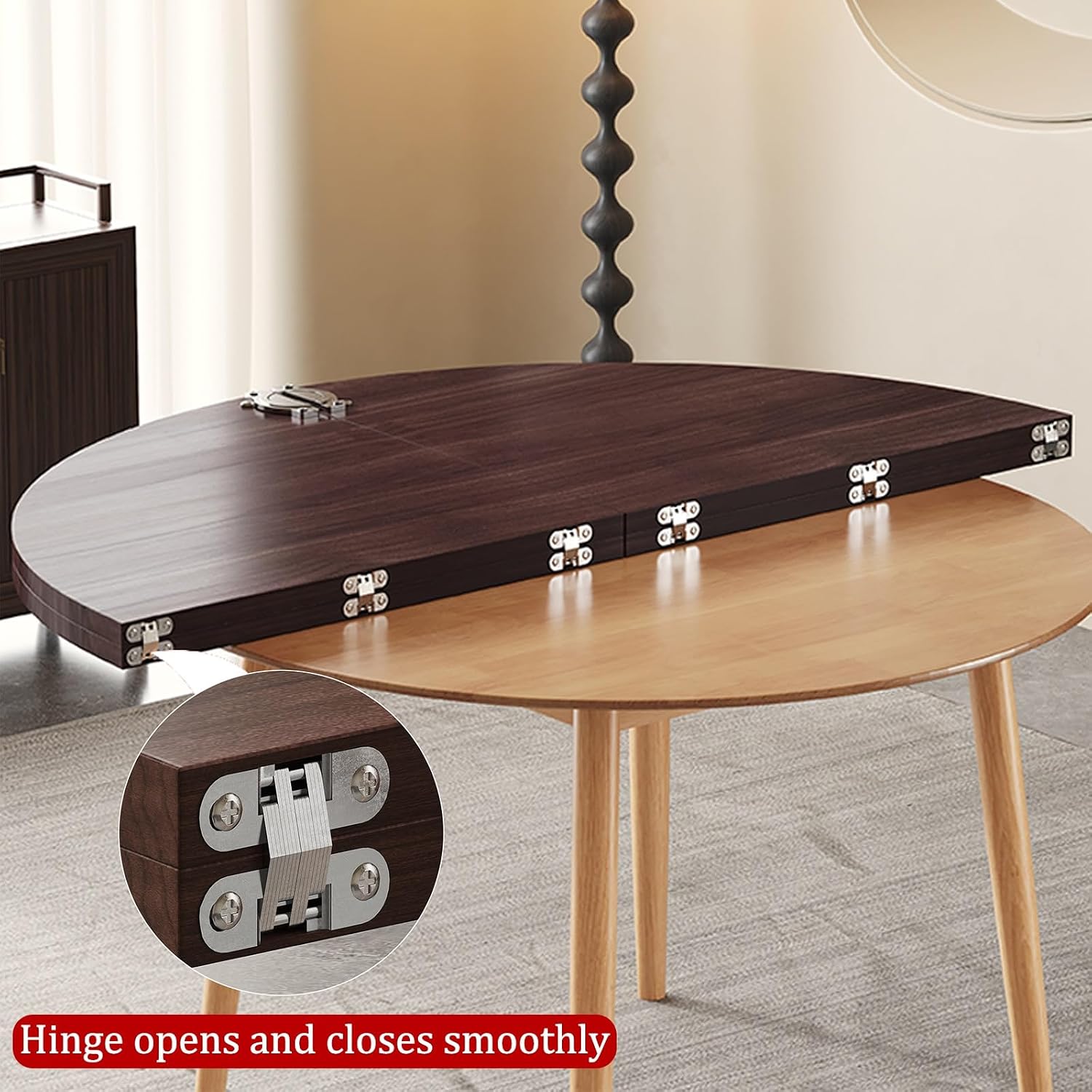 Large Round Foldable Table Top 47.2-78.7IN, Solid Wood, Extendable Temporary Table for Home, Restaurants, Hotels - Walnut Finish, 140cm/55.1in, Versatile & Space-Saving D