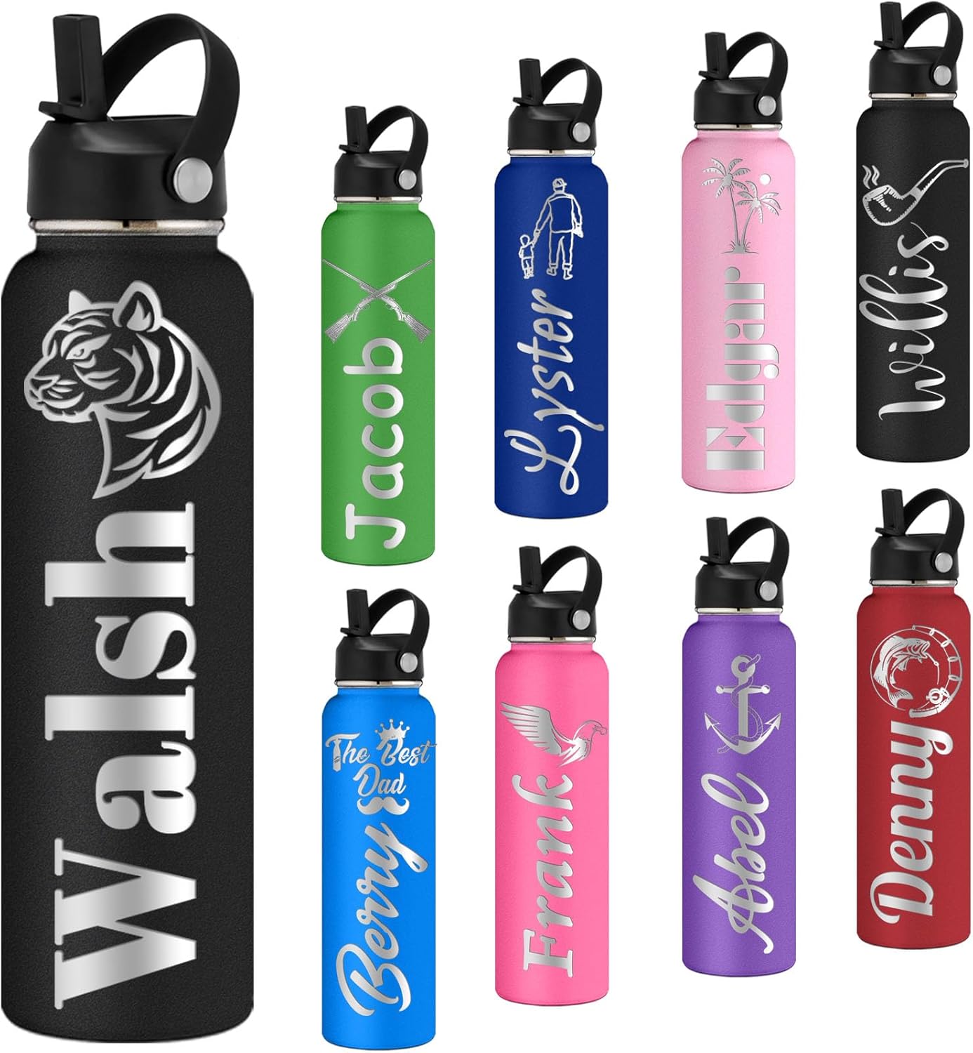 Personalized Water Bottles with Straw 32oz Custom Stainless Steel Sports Water Bottle with Engraved Name Text Customized Insulated Double Wall Water Bottles for School Sports