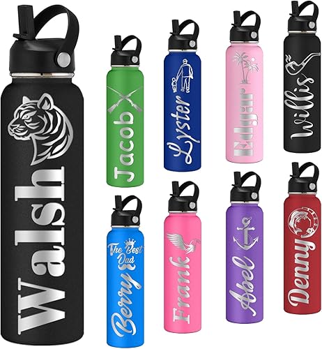 Miniatura 9 de Botellas de agua personalizadas con pajilla, botella de agua deportiva de acero inoxidable personalizada de 24 onzas con nombre grabado, botellas de