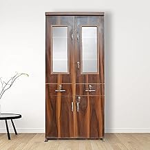 Engineered Wood Showcase Storage Unit with Glass Doors, Drawers & Lock | Assembled Wardrobe, Kitchen Almira & Bookshelf for Baby Clothes, Study, and Kitchen Essentials (Brown, LxWxH-18x29x65 Inch)