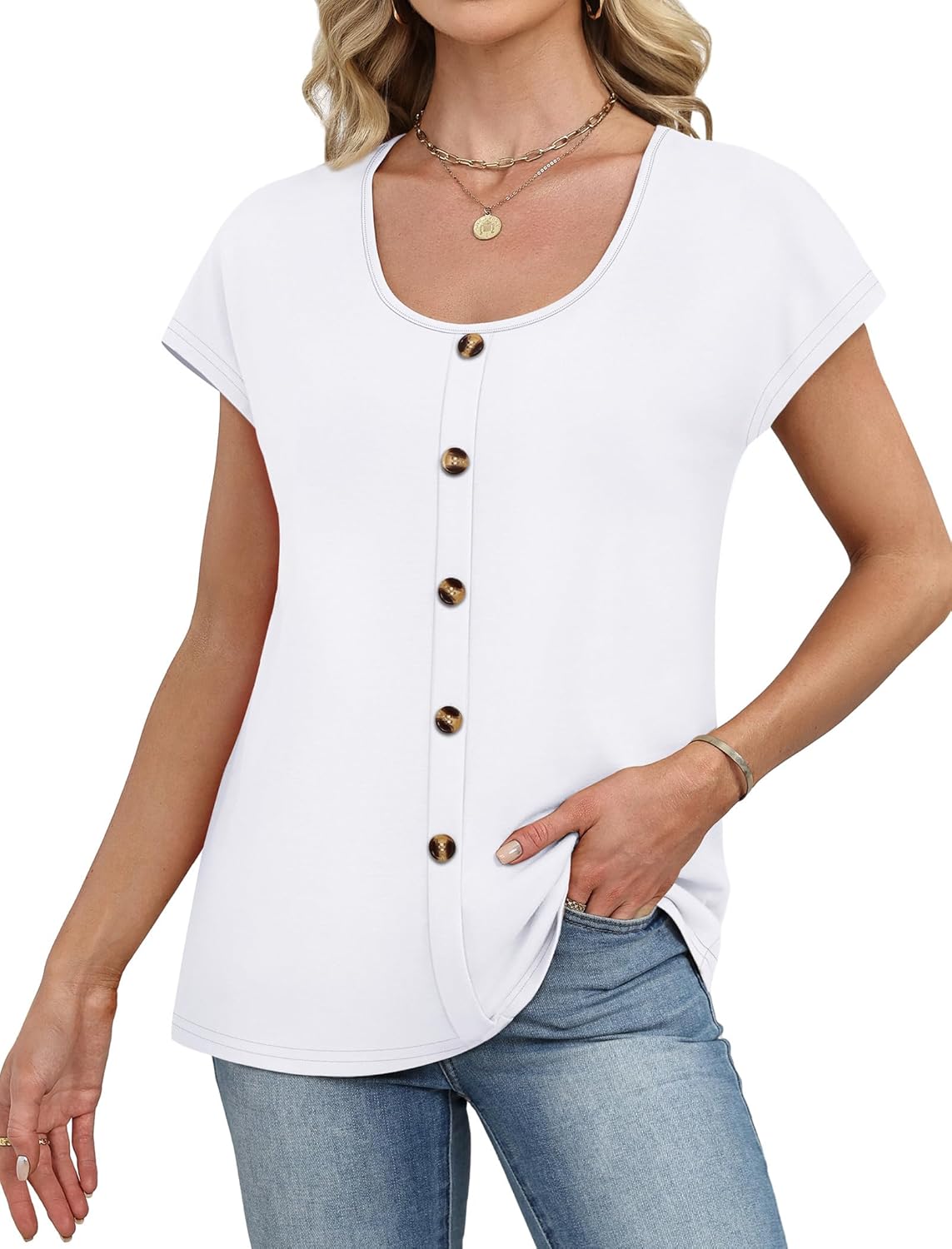 WIHOLL Womens Summer Tops Cap Short Sleeve Shirts Button Down Blouses U Neck T Shirts Fashion Clothing - Image 3