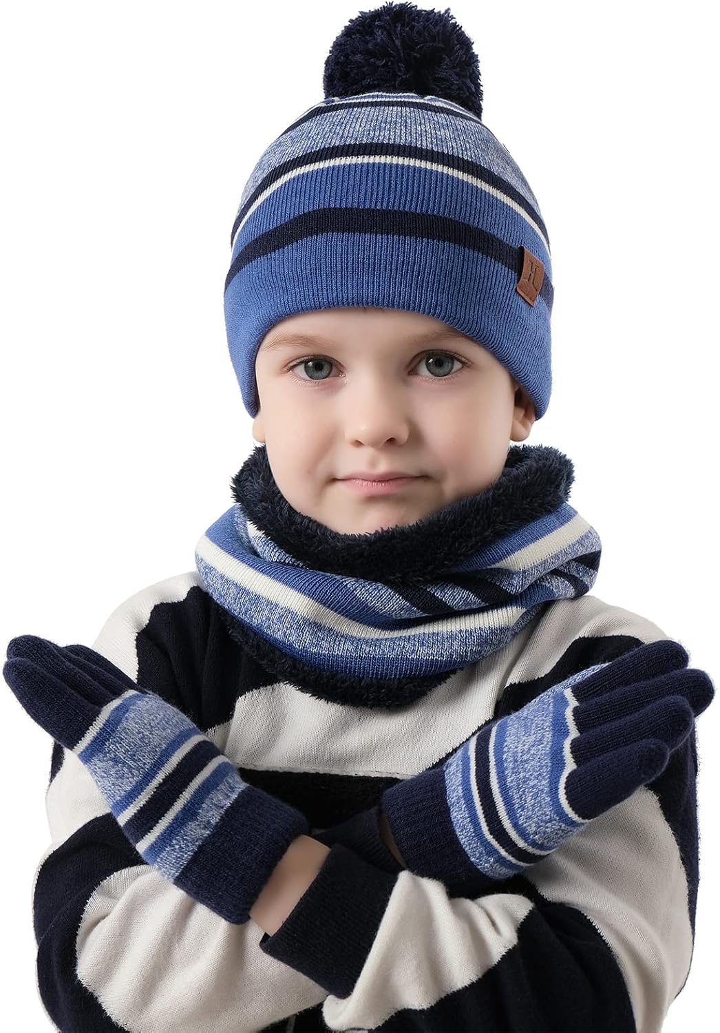Kids Toddlers Winter Knit Warm Beanie Hat Scarf Gloves Set for Boys Girls Age 2-7, Pompom Cap Neck Warmer Gloves Fleece Lined: Clothing, Shoes & Jewelry