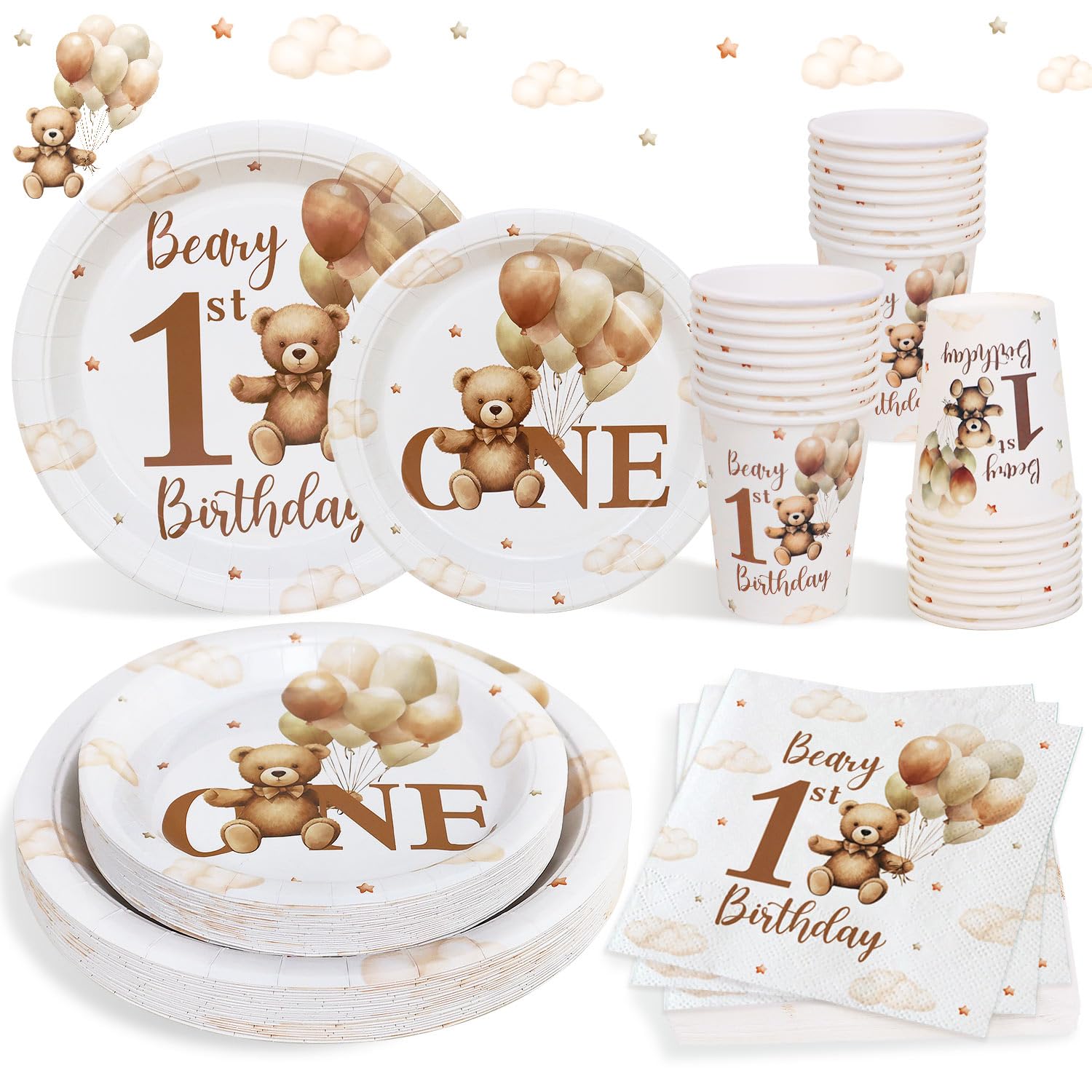 Heboland 1. Geburtstag Junge Partygeschirr set für 25 Gäste, 100pcs Teddybär wiederverwendbare Pappteller für 1. geburtstag junge