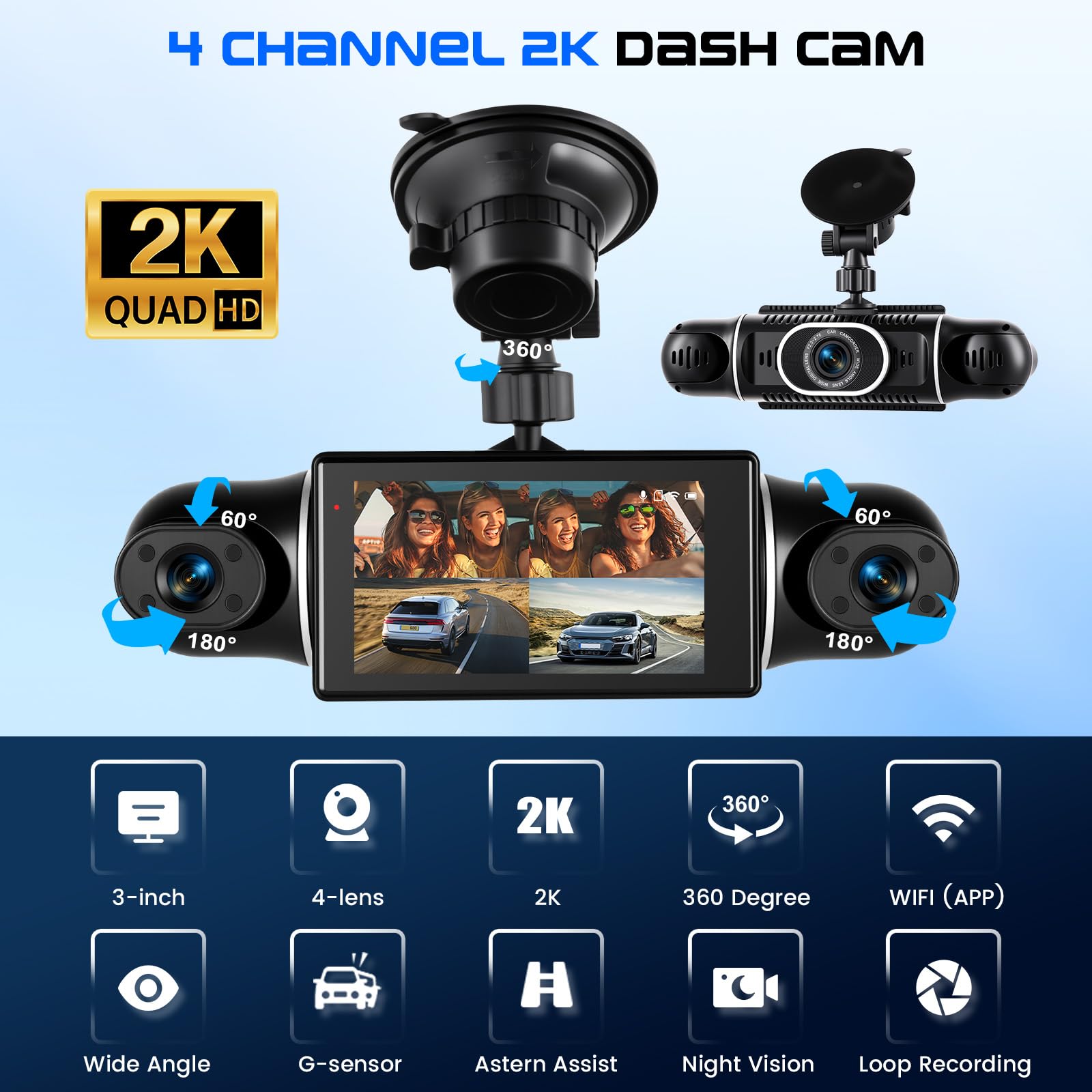 CAMECHO 4 Canales Dashcam 2K Cámara integrada Delantera, Izquierda, Derecha y Trasera con WiFi GPS, Rotación 360° Pantalla Dashcam 3 Pulgadas, Grabación en Bucle, Visión Nocturna, Sensor G