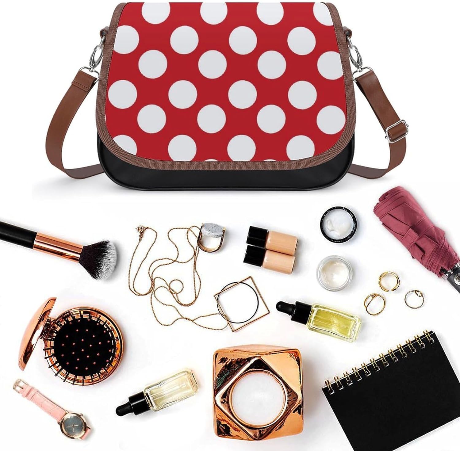 Red And White Polka DotWomen's Faux Leather Crossbody Bag, Waterproof Wrinkle-Resistant Shoulder Bag with Detachable Strap, Large Capacity Casual Handbag, Fashion Daily Purse for Shopping Work Dating,