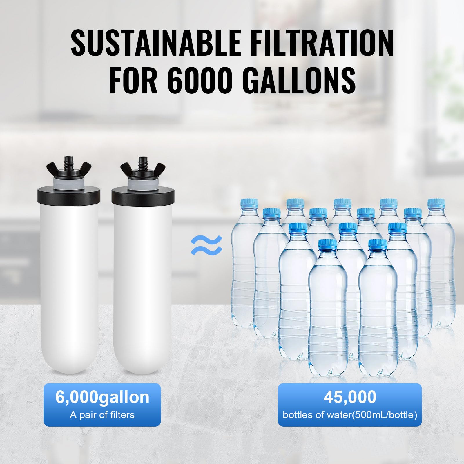 VEVOR System filtracji wody grawitacyjnej, system filtracji wody na blacie ze stali nierdzewnej 2,25G 304, redukuje ołów i do 99% chloru, z 2 ceramicznymi filtrami węglowymi, czopem i stojakiem