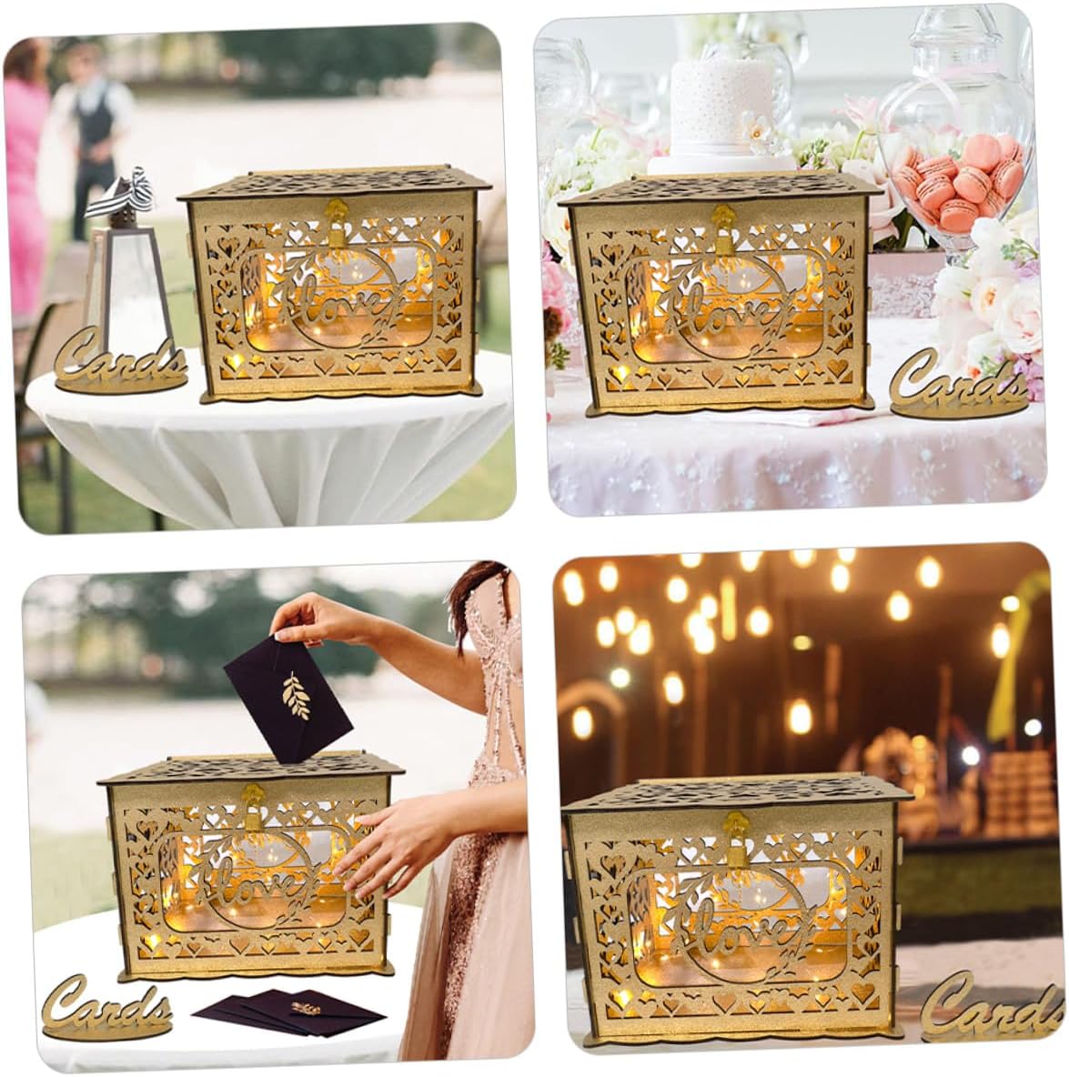 Wooden Hollow Card Box with Glitter Square Design, Wedding and Anniversary Greeting Cards Container for Party Decor and Message Collection