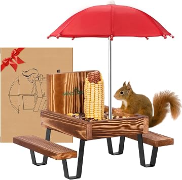 MIXXIDEA Squirrel Feeder Table, Wooden Squirrel Picnic tbale Feeder, Sturdy Squirrel Feeders for Outside with Solid Structure Chipmunk Feeder with Corn Cob Holder
