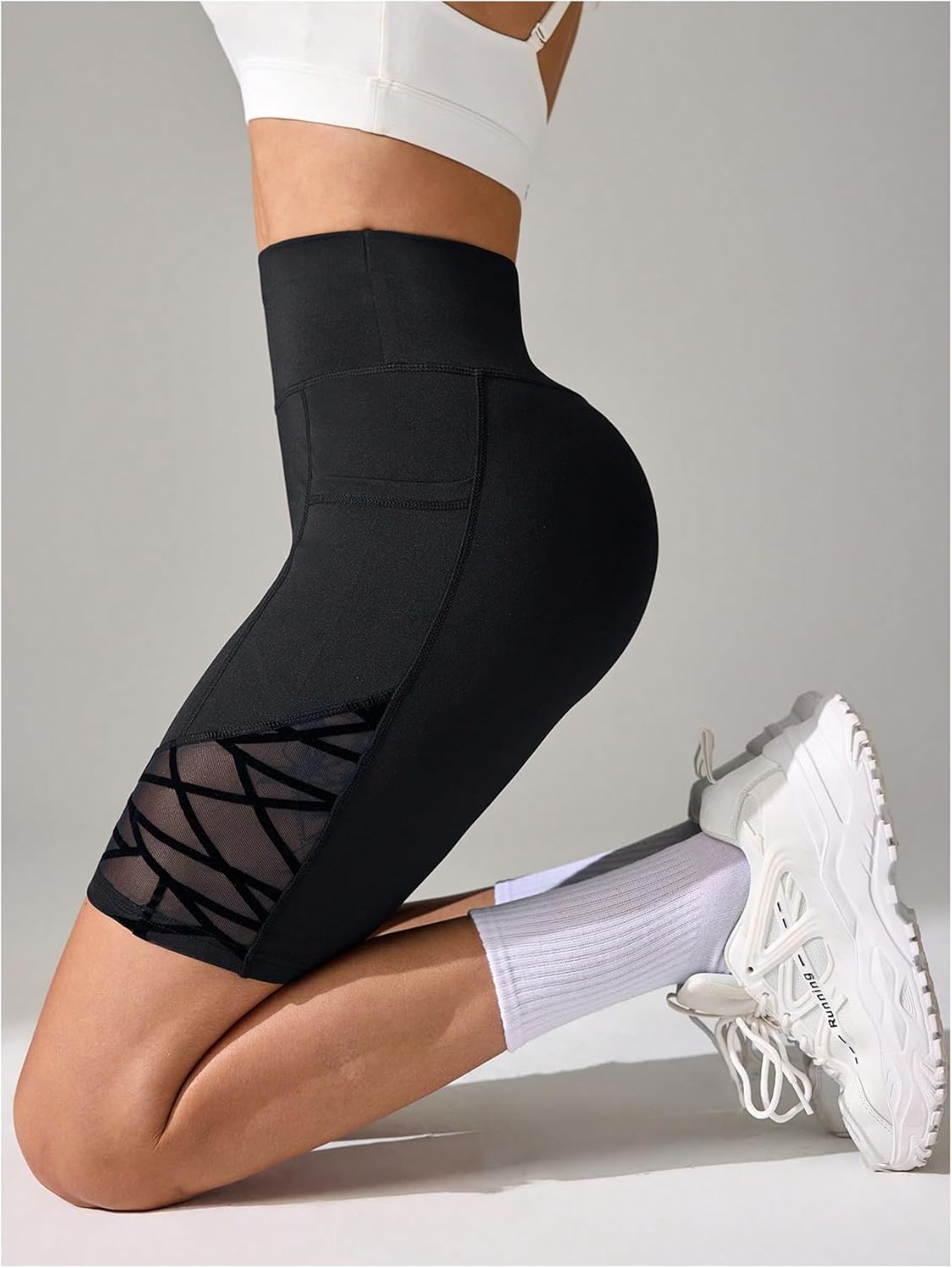 OYOANGLE Women's Athletic Shorts High Waist Mesh Seamless Workout Gym Yoga Shorts with Pocket