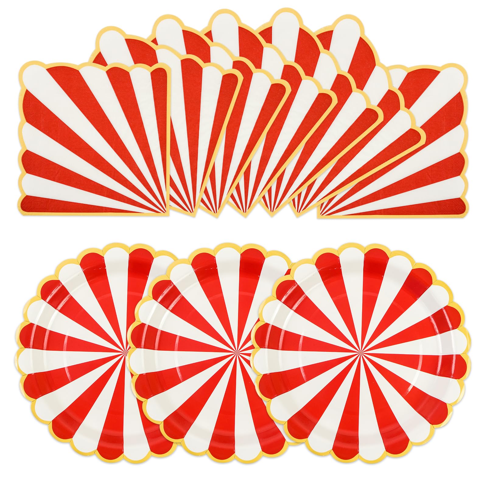 EVYIENEN 50PCS Red Birthday Party Paper Plates and Napkins,7 Inch Disopsable Striped Dessert Plates,Scalloped Gold Foil Edge Dinnerware Party Supplies for Birthday,Baby Showers,Girls Parties