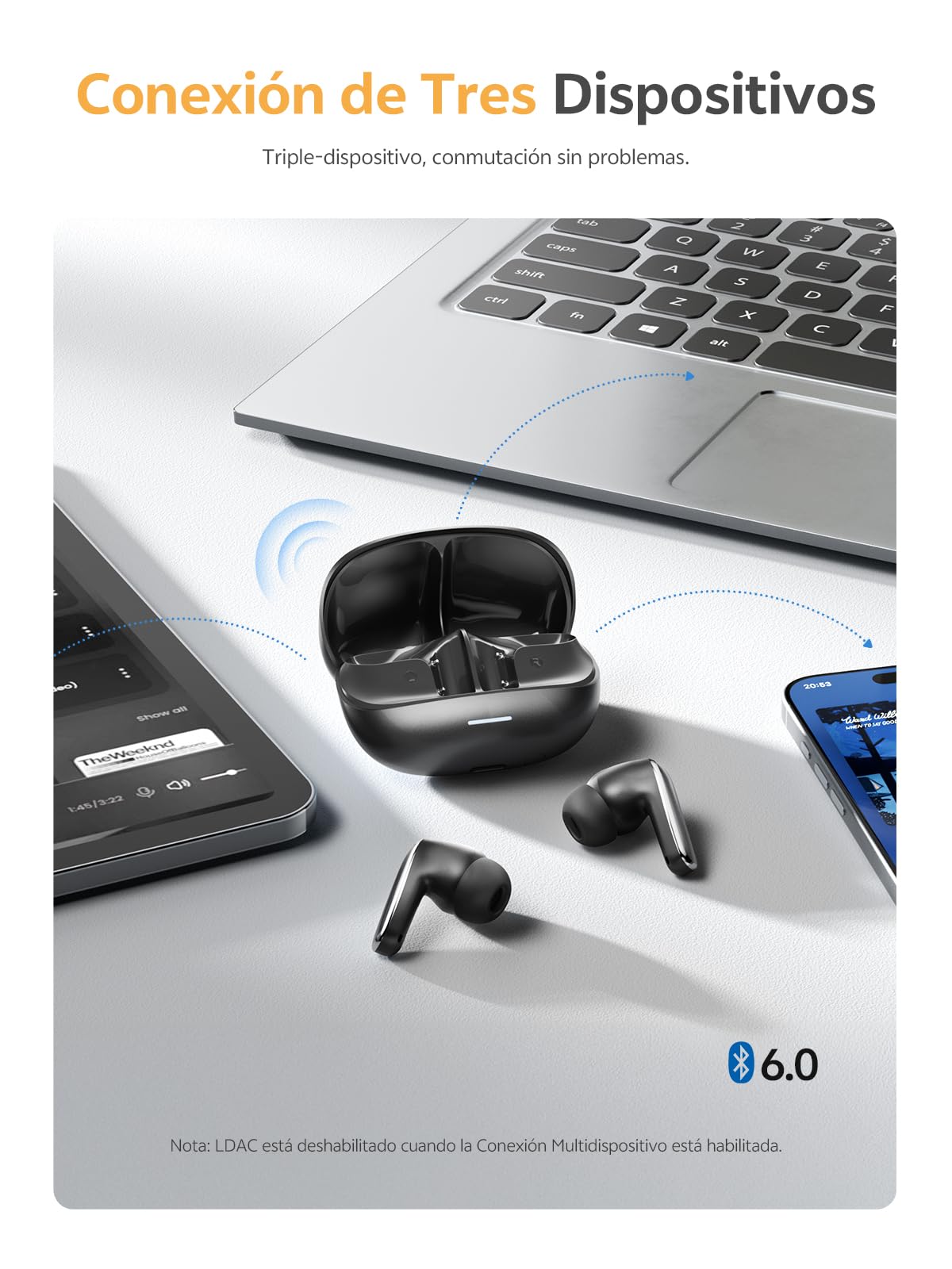 QCY Melobuds N65 Auriculares Inalámbricos Blueooth, Cancelación de Ruido Adaptativa AI, 60dB ANC Hi-Res Sonido, Audio Bluetooth 6.0 Auriculares, 8 Micrófonos ENC Clear Call Ear Buds,50 Horas,IPX5