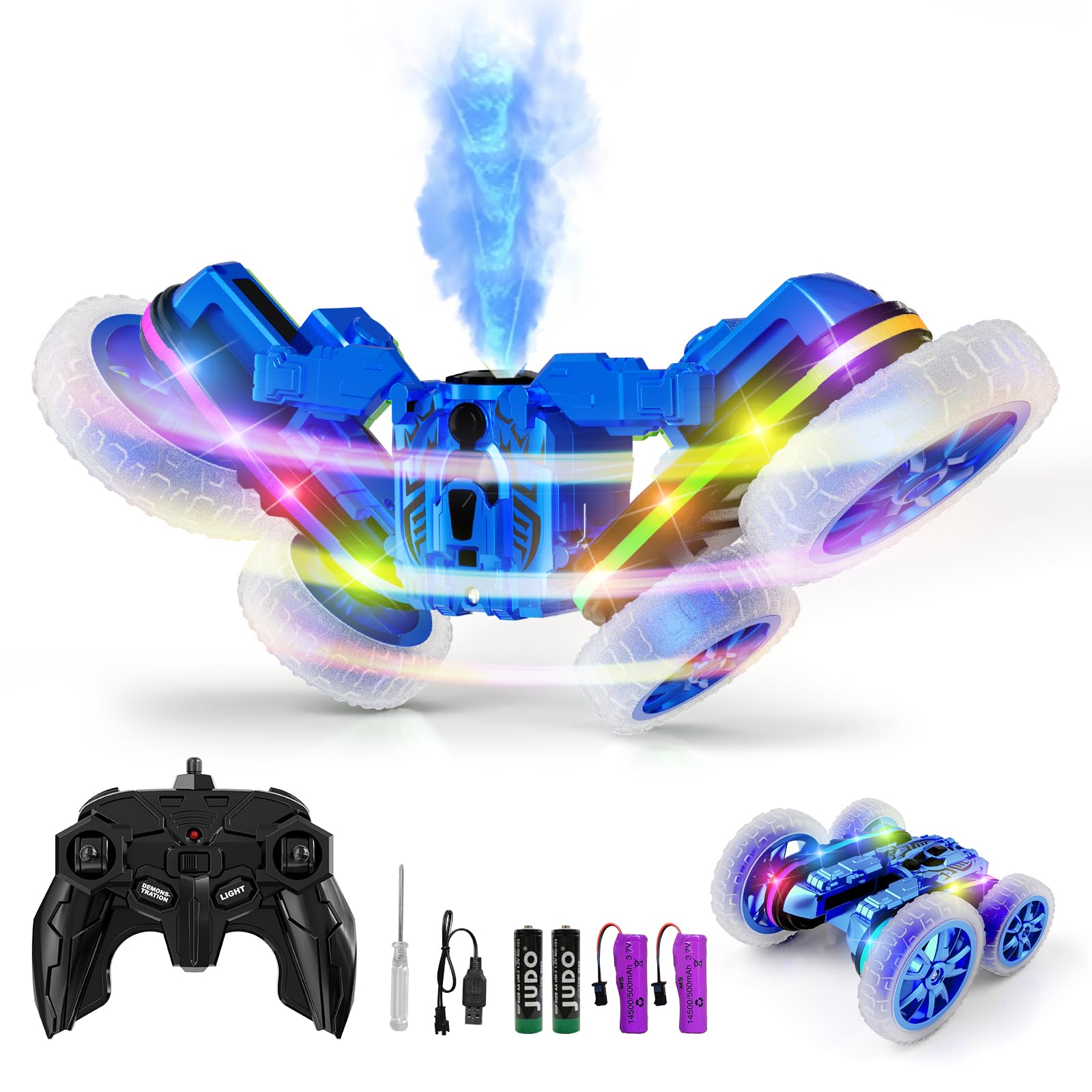 Terucle Remote Control Car, 360°Rotating 4WD RC Cars with Cool Spray, 2.4Ghz Double Sided RC Stunt Truck with Cool Lights, Drift Car for Kids Toys Best Gifts for Boys Girls Age 4-6 7 8-13 Year Old