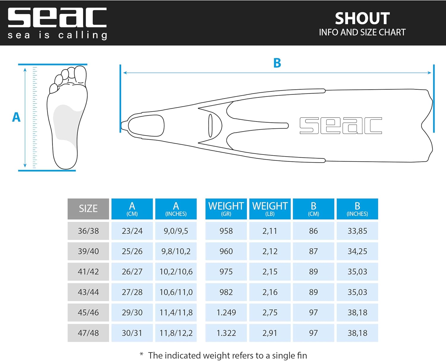 Seac Shout, Long Fins for Scuba Diving, Spearfishing and Freediving, Made in Italy