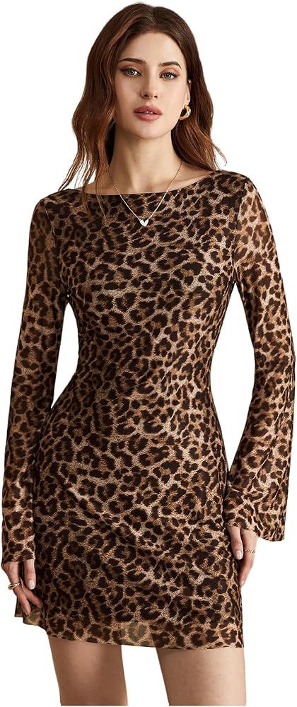 GORGLITTER Women's Y2k Mesh Sheer Leopard Print Mini Dress Concert Outfits