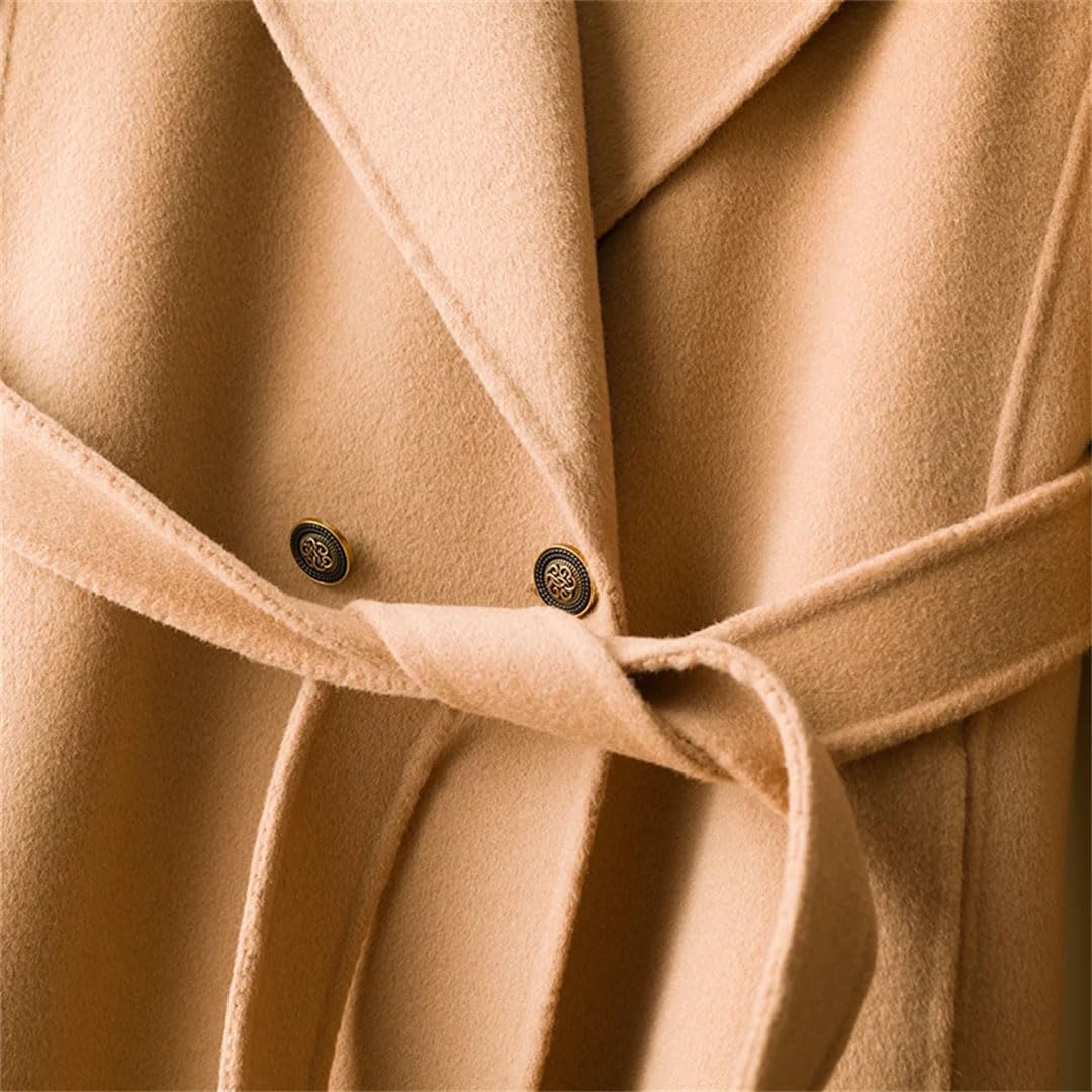 Gabardina larga de lana para mujer, de lana merino, a la moda, con solapa, cinturón, abrigo grueso coreano